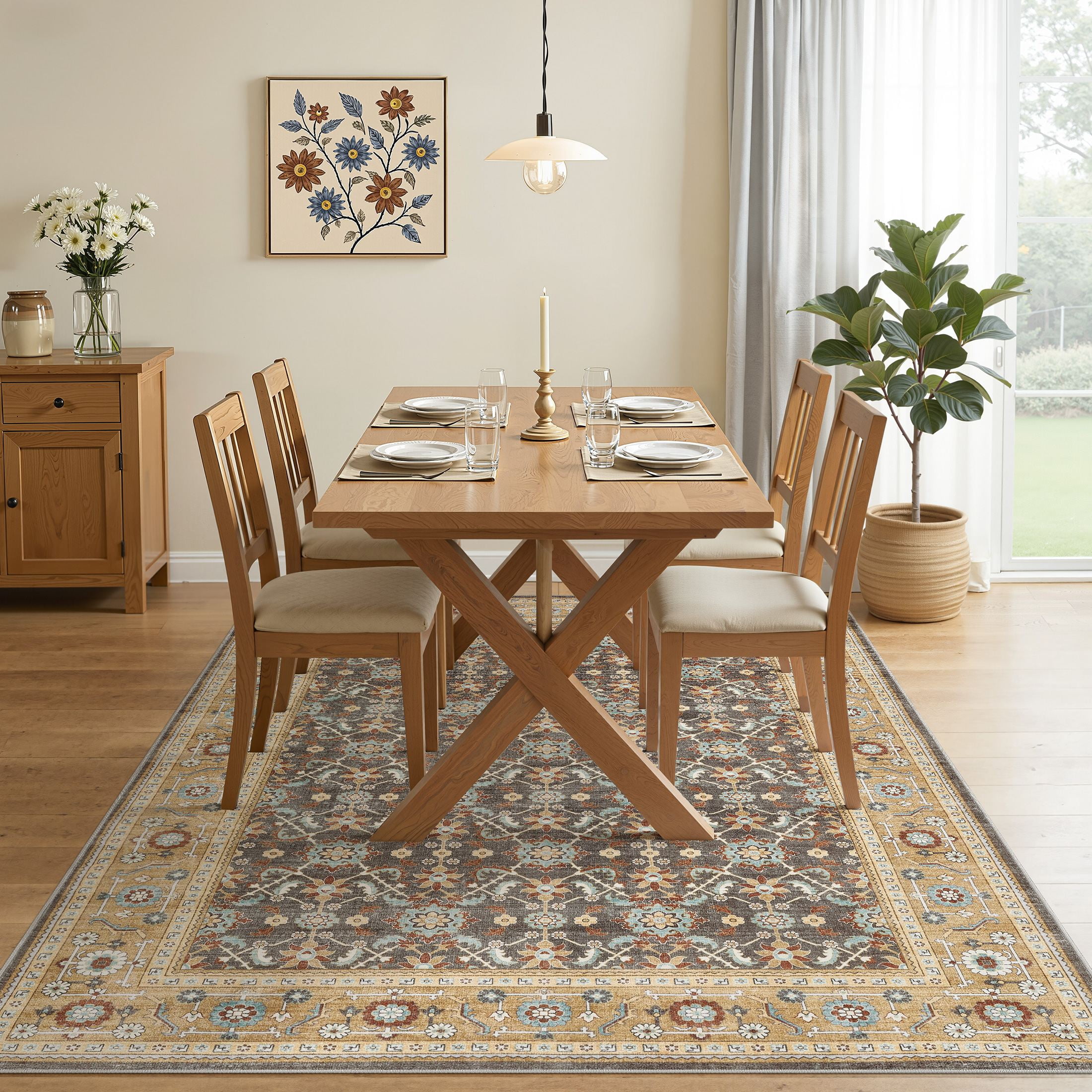 UERMEI Washable Area Rug, Boho Low-Pile Non-Slip Carpet for Living Room and Bedroom (Brown, 5 ft x 7 ft) un0zo