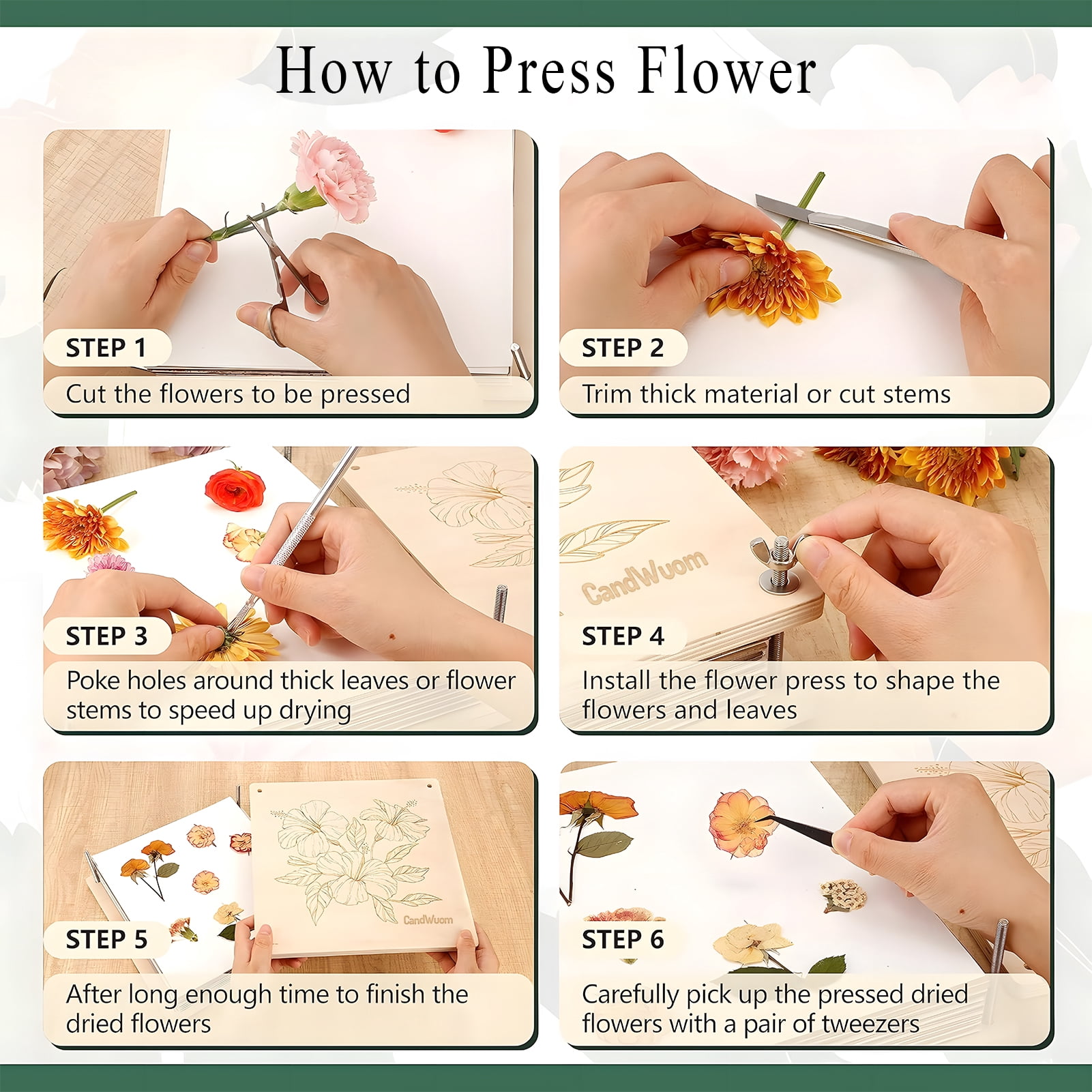 CandWuom Large Wooden Flower Press Kit, DIY Botanical Drying Craft Set for Bouquet Preservation (White, 11 in x 11 in) x2mbi