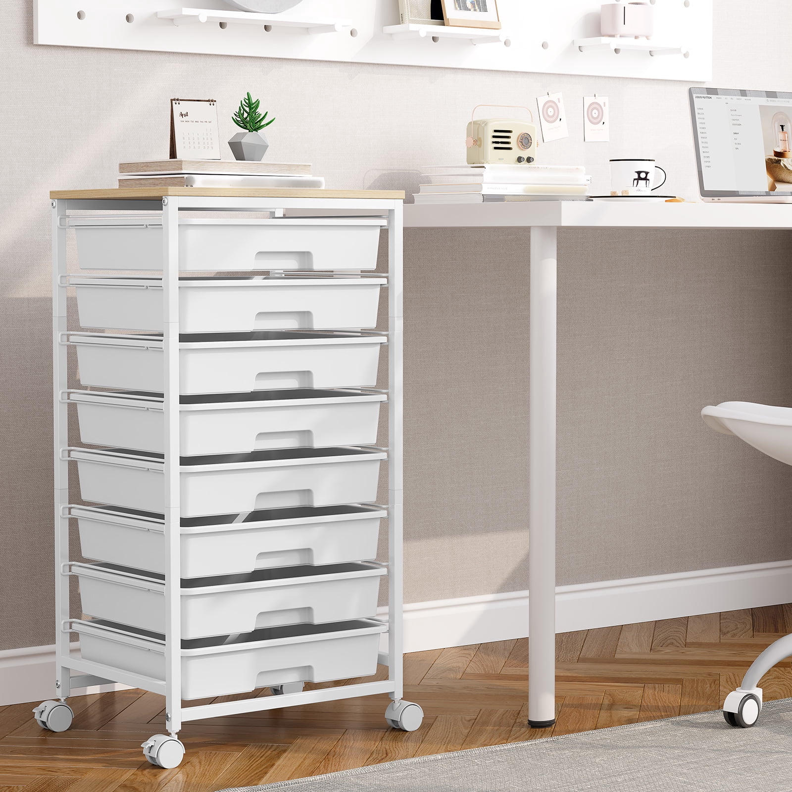 KINGRACK Rolling Storage Cart with 8 Drawers and Wooden Tabletop (White, 15.55 in x 12.60 in x 31.18 in) v4xgi