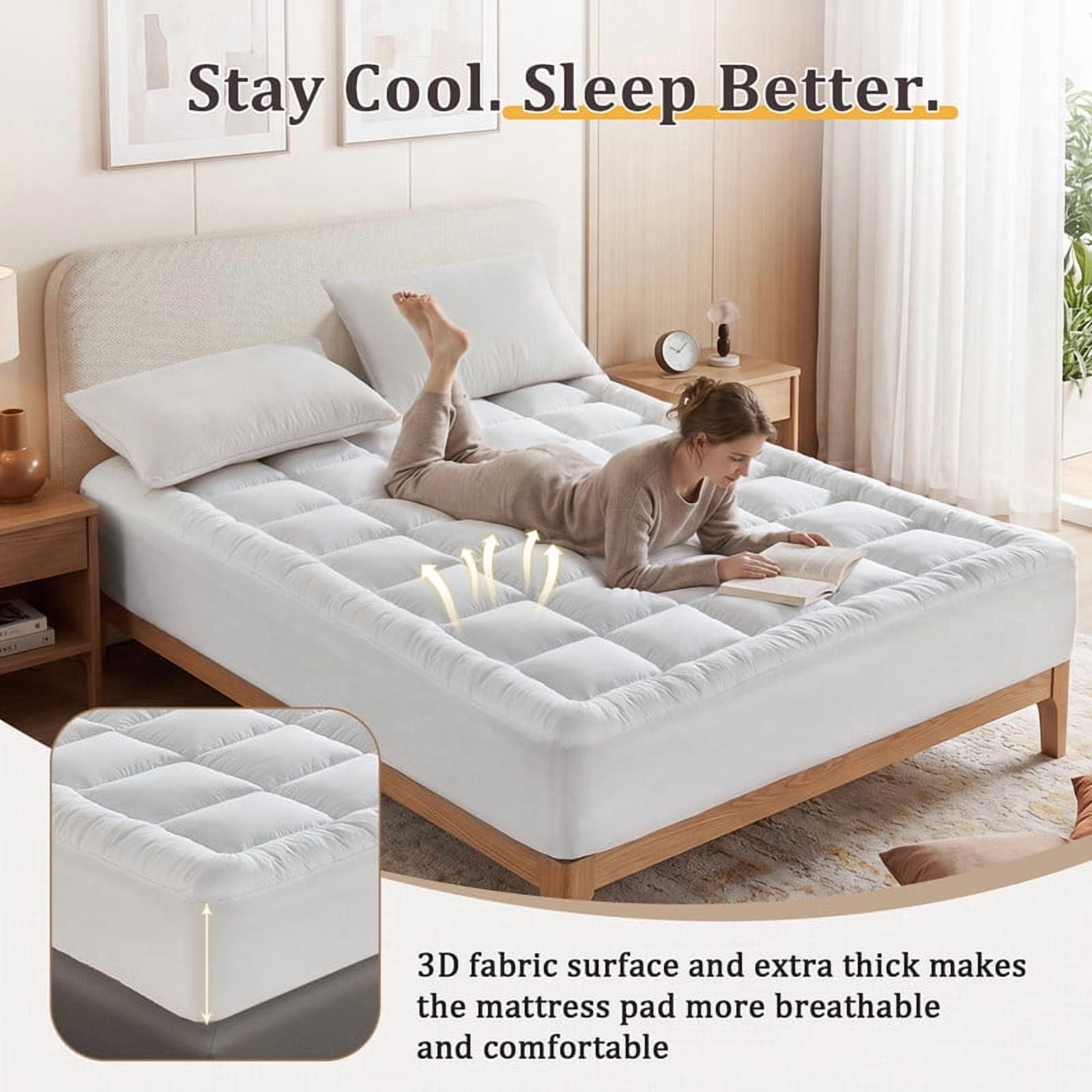 Vccoem Cooling Mattress Topper, Extra Thick Quilted Bed Pad, Breathable Plush Hypoallergenic Cover (White, Queen) lz8b4