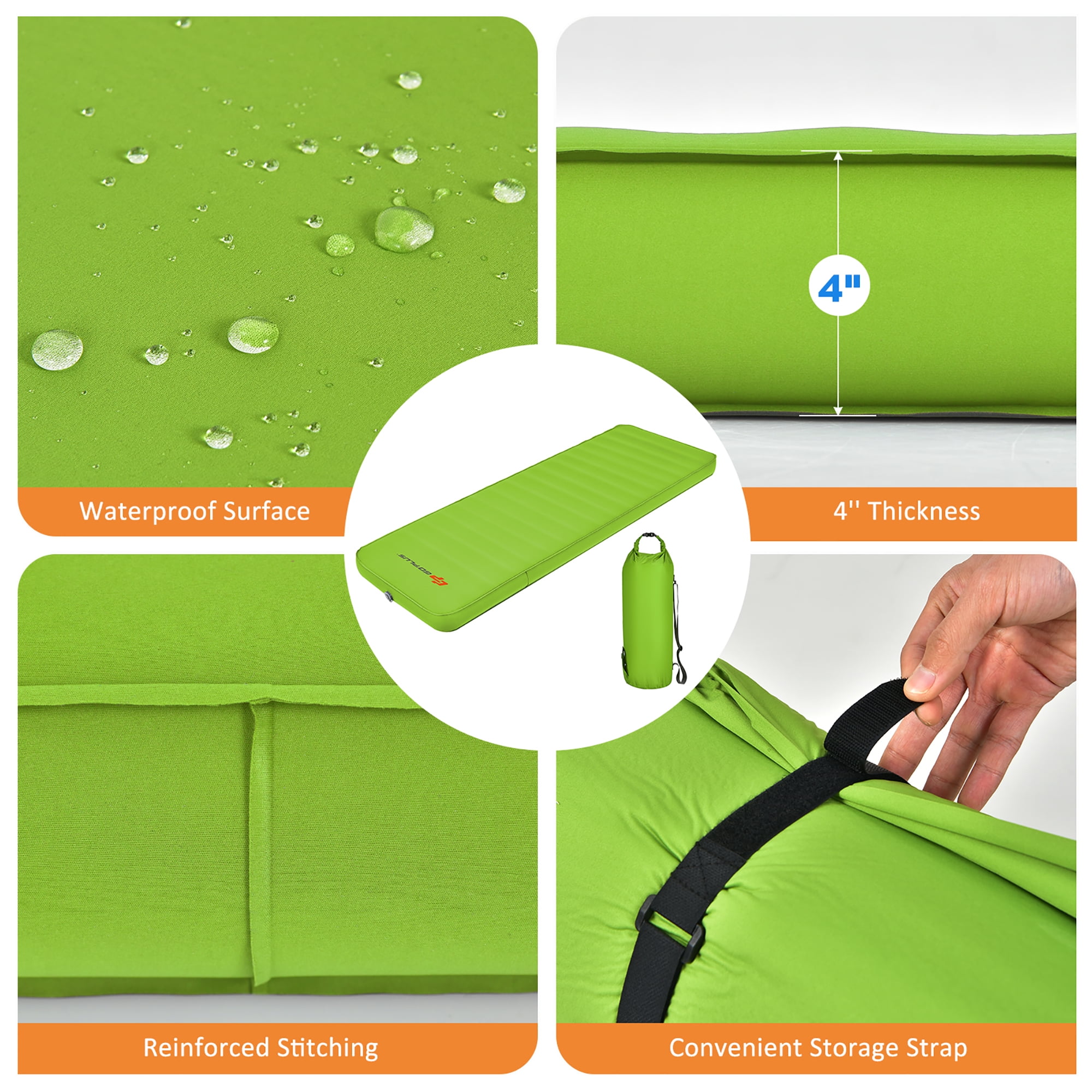 Costway Self-Inflating Camping Mattress, Waterproof Folding Sleeping Pad for Hiking and Backpacking (Green, 4 in Thick) ff6k4