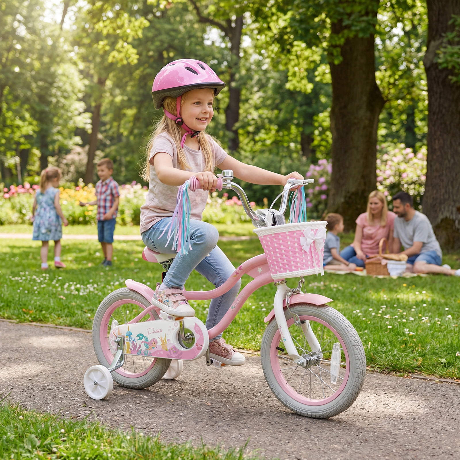 Costway 14 in Kids Bike with Training Wheels and Basket (Pink, 14 in) 78kbm