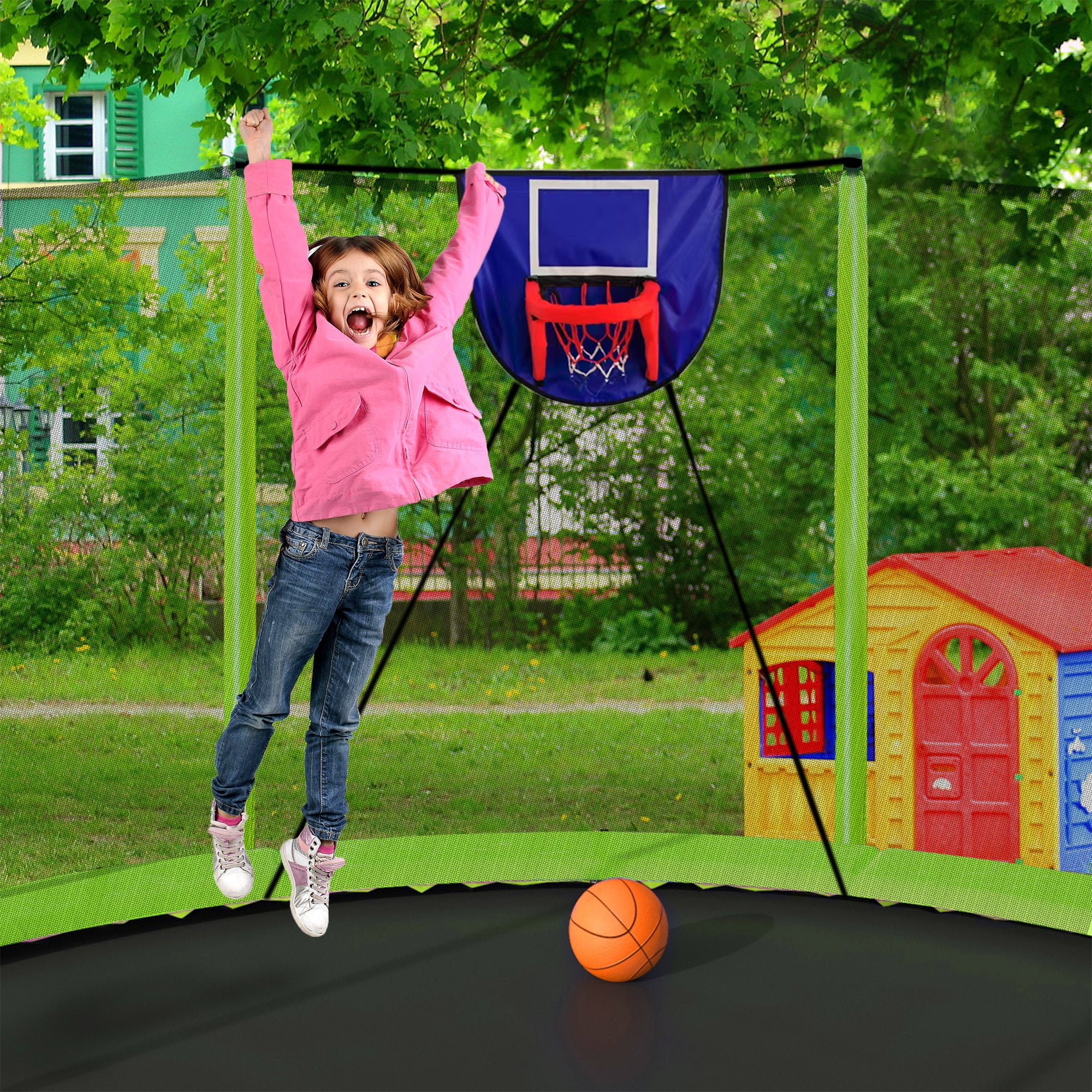 Alvantor 15ft Outdoor Round Trampoline with Basketball Hoop and Safety Enclosure Net (Green, 15 ft) 8tr4z