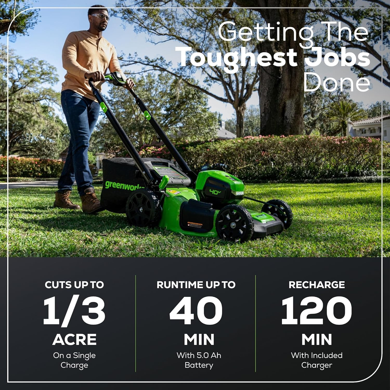 Greenworks 40V 21 in Brushless Cordless Self-Propelled Lawn Mower (LED Headlight, 5.0Ah Battery and Charger Included) mjuj8