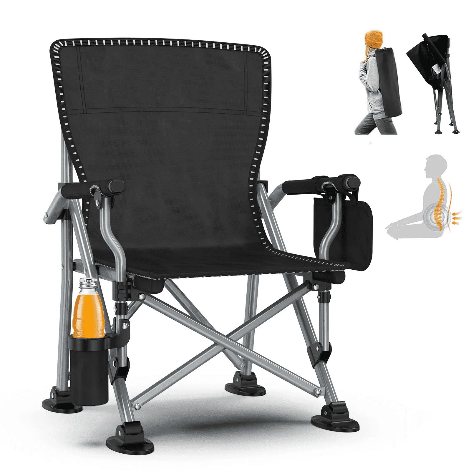 LNOW Folding Camping Chair with Cup Holder and Side Pocket, Heavy-Duty Portable Outdoor Seat for Beach, Sports, and Fishing (Black, 350 lb Capacity) hrus6