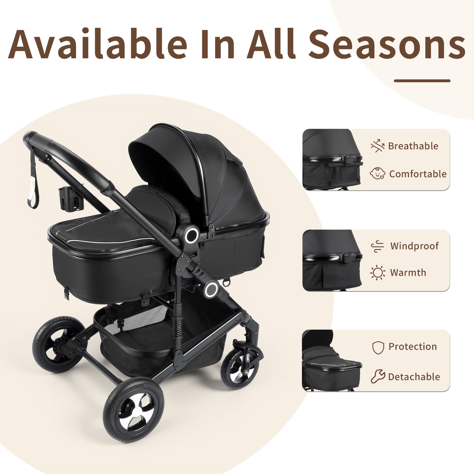AILEEKISS 3-in-1 Convertible Baby Stroller, Reversible Seat with Adjustable Canopy (Black, 24 lb) z5il0