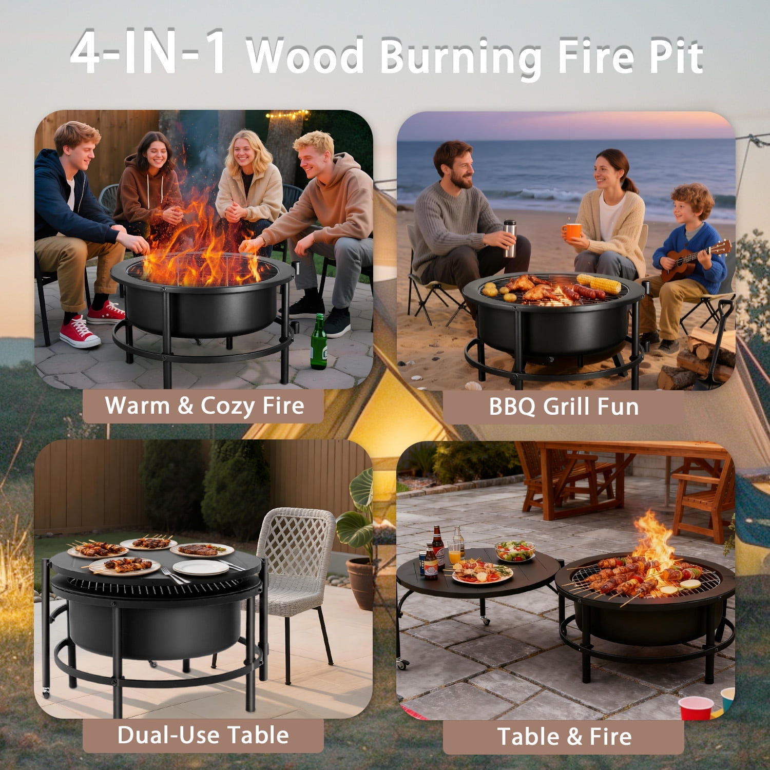 VAJIAZA Foldable Outdoor Fire Pit Table, Heavy-Duty Cold-Rolled Steel BBQ Grill with Accessories (Black, 52 in) yd8wc