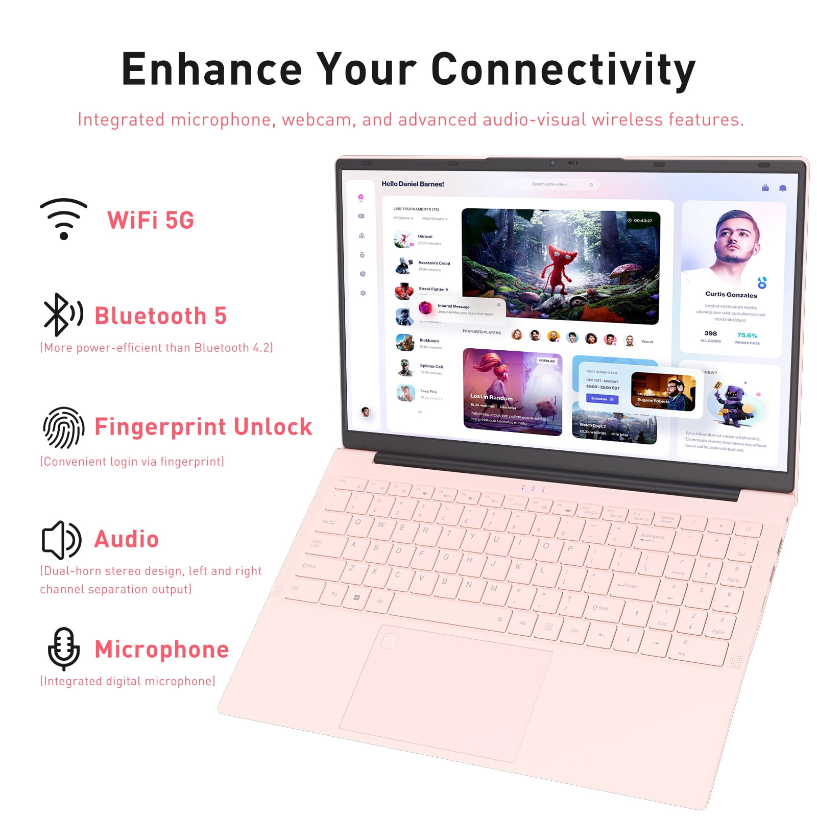 Pryloxen 15.6 in Laptop, Windows 11 Pro, 3050E Processor, 16GB RAM, 1TB SSD, Backlit Keyboard, Fingerprint Unlock (Pink) 4ctqy