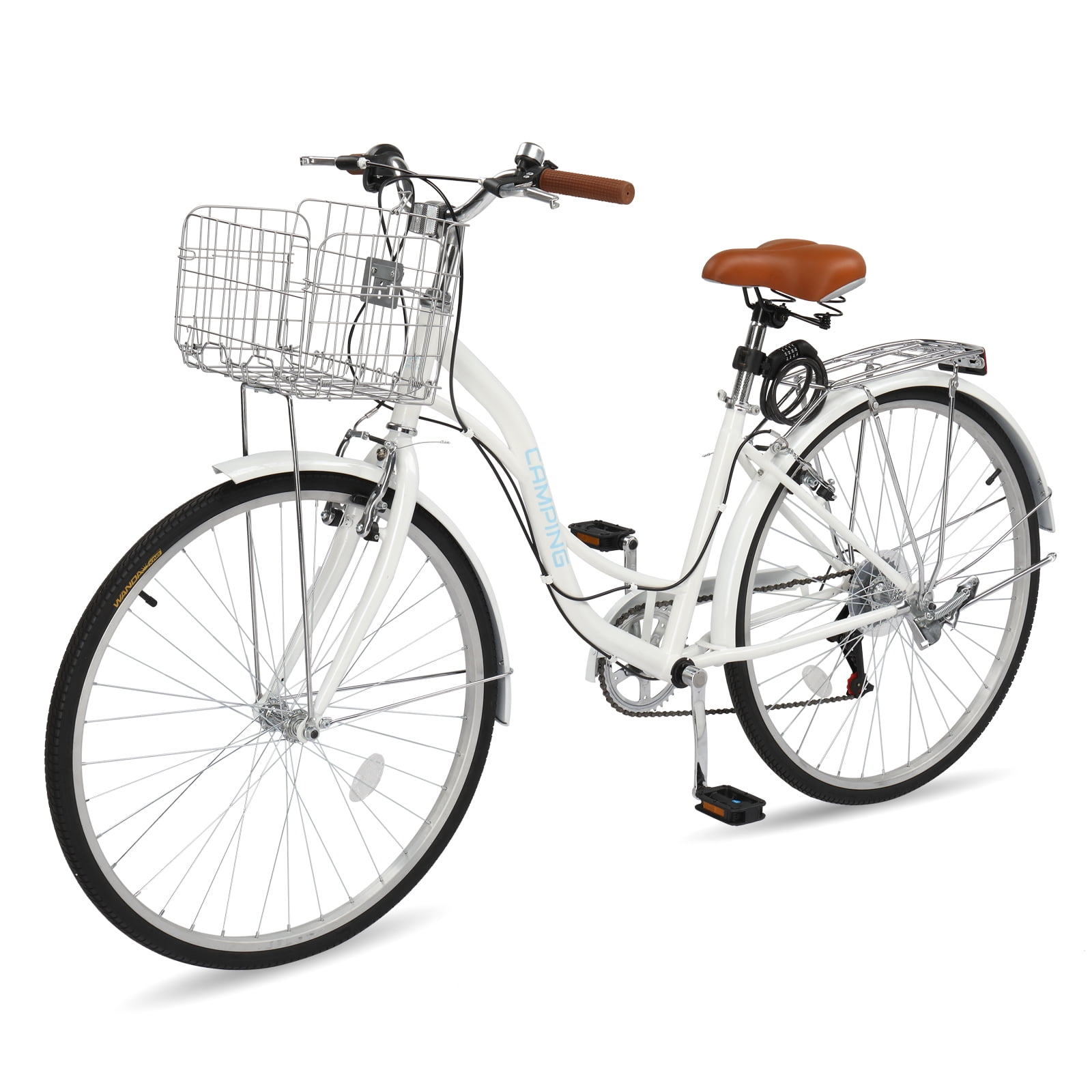 Ktaxon 26 in Women's 7-Speed Cruiser Bike, Step-Through City Bicycle with Basket and Rear Rack (White, 26 in) 3ajqc