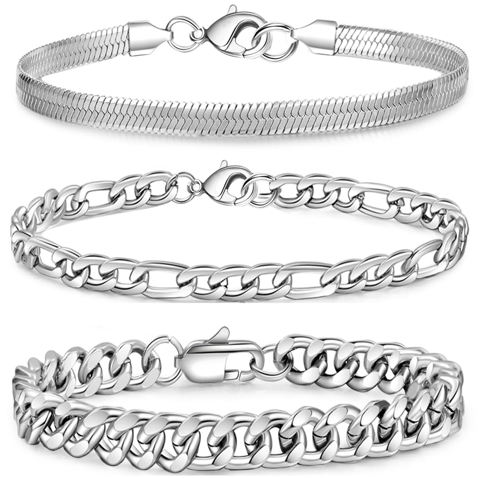 APSVO 3-Piece Sterling Silver Plated Chain Bracelet Set (Cuban, Figaro, Herringbone, Silver, 7 in) lrjaz