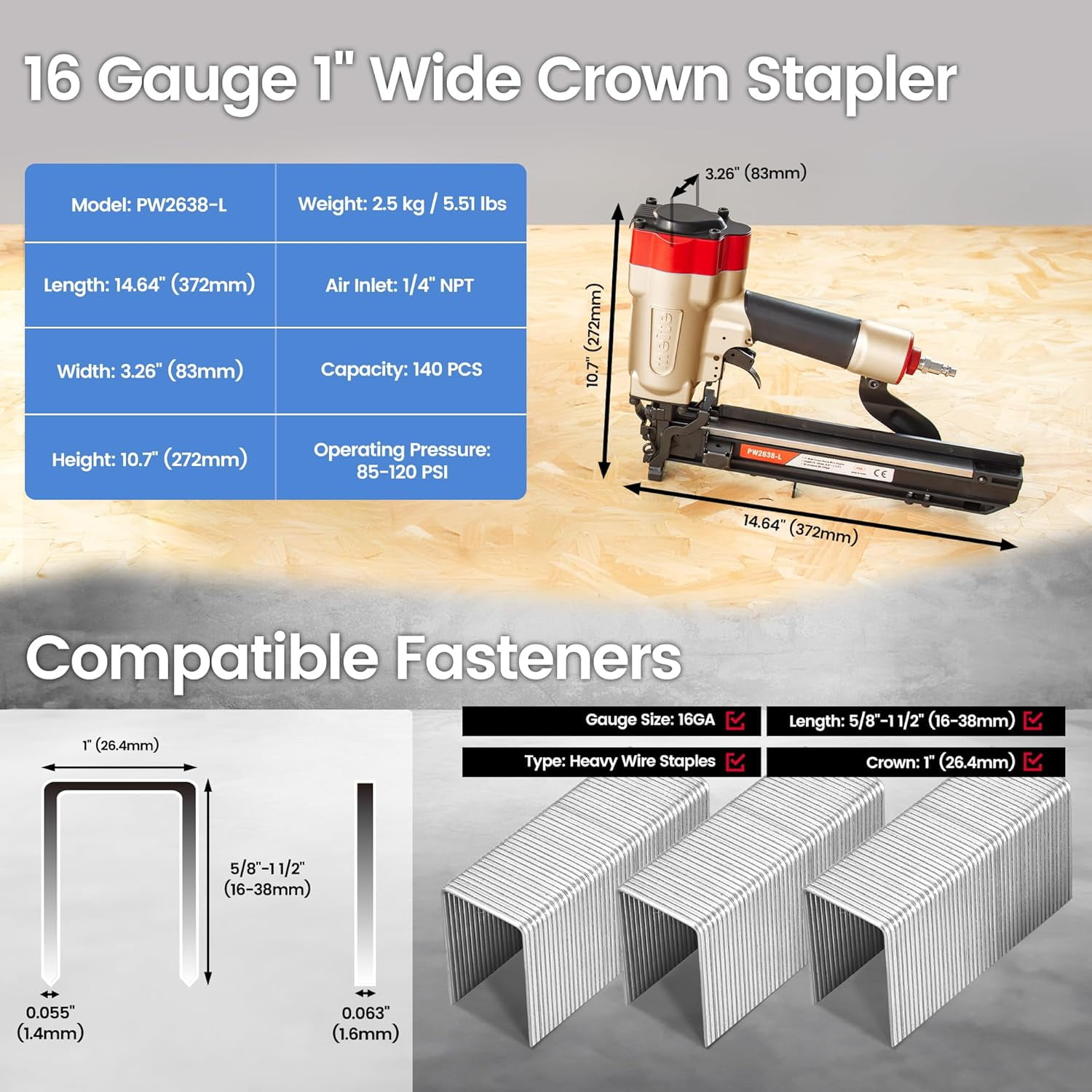 MEITE 16 Gauge 1 in Wide Crown Construction Staples, Galvanized (Silver, 10000 Count, 0.75 in) 8qmcw