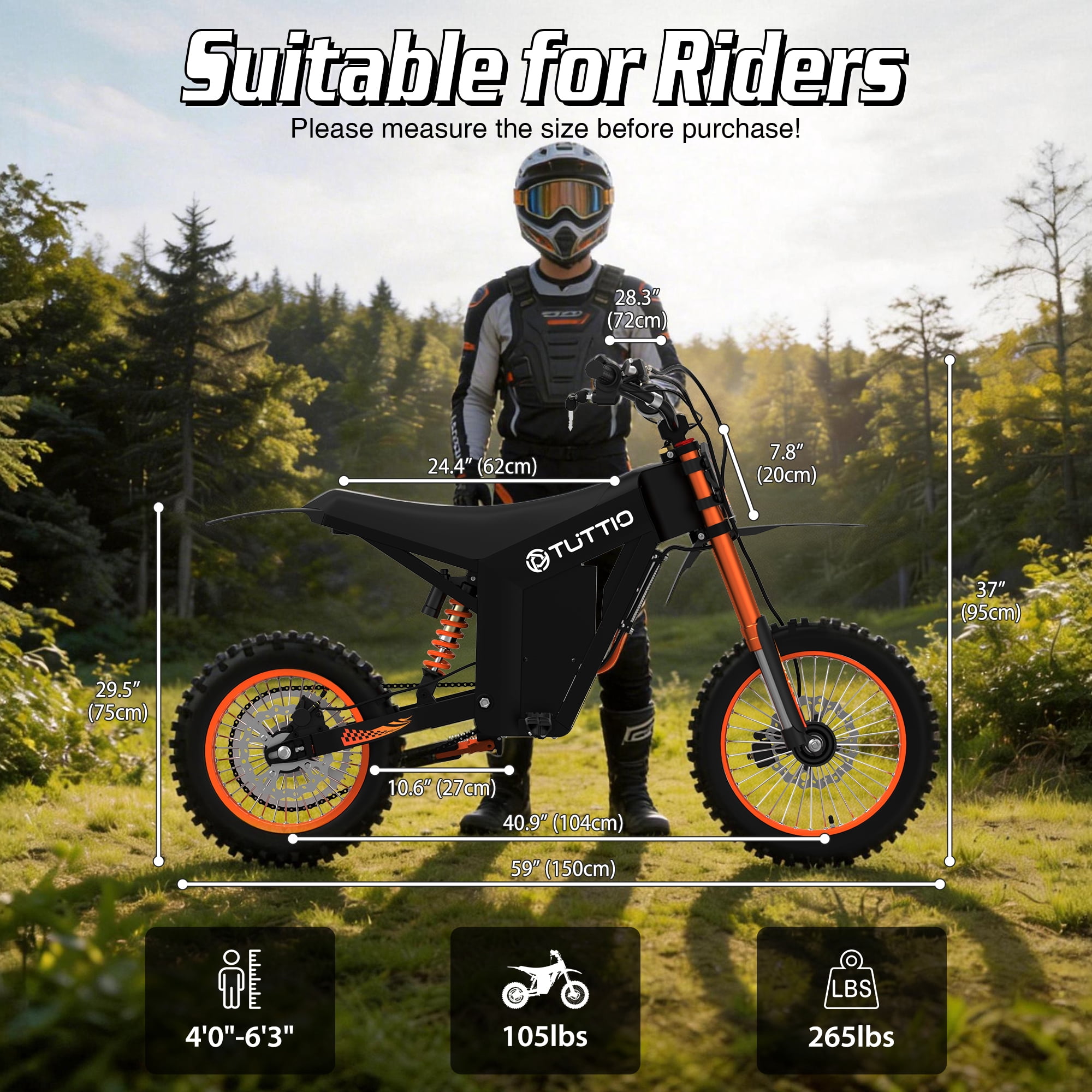 TUTTIO Soleil01 Adult Electric Dirt Bike, 3000W Motor, 45 Mile Range, Full Suspension (Black, 14 in x 12 in) eccs4