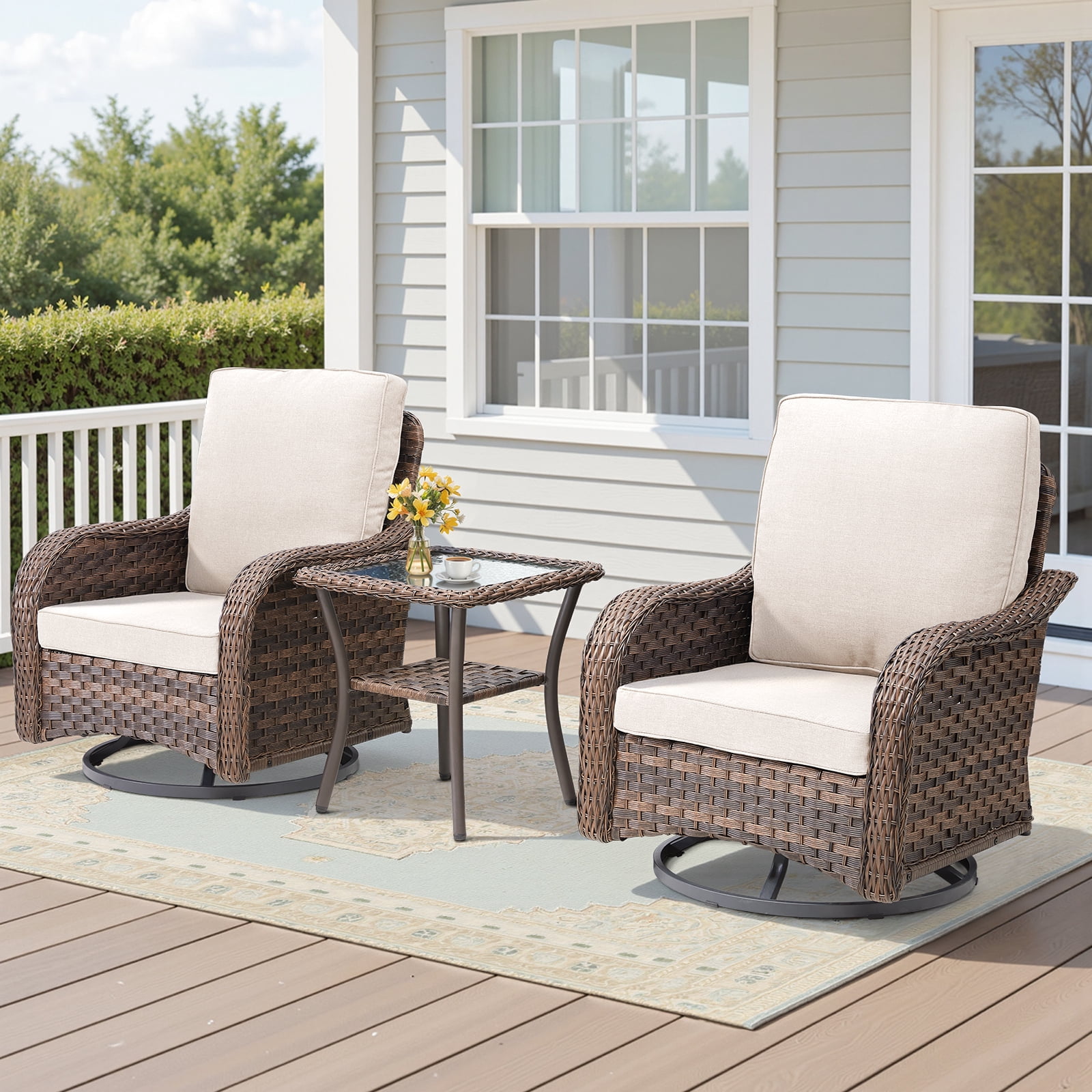 Arnahaishe 3-Piece Outdoor Wicker Patio Bistro Set, Swivel Rocker Chairs with Side Table (Beige, 3-Piece Set) mpihr