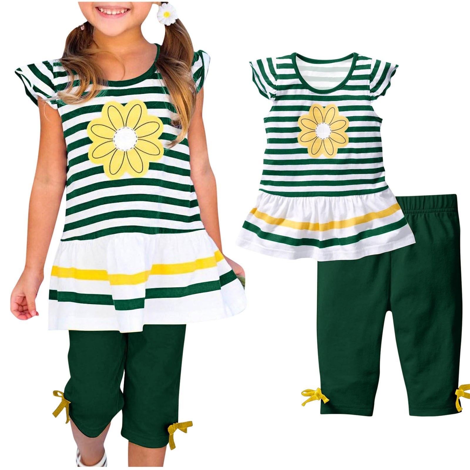 Erwazi Toddler Girls Summer Floral T-Shirt and Pants Outfit Set (Green, 2T) 71te3