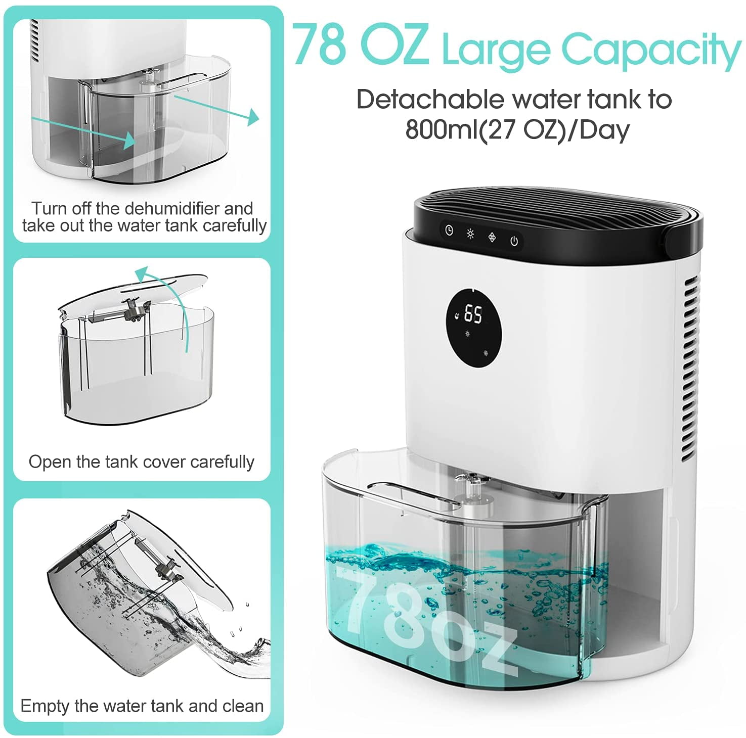 Kloudic Portable Dehumidifier for Home, Ultra Quiet Electric Air Dryer with Humidity Control and LED Display (78 oz) te6v0
