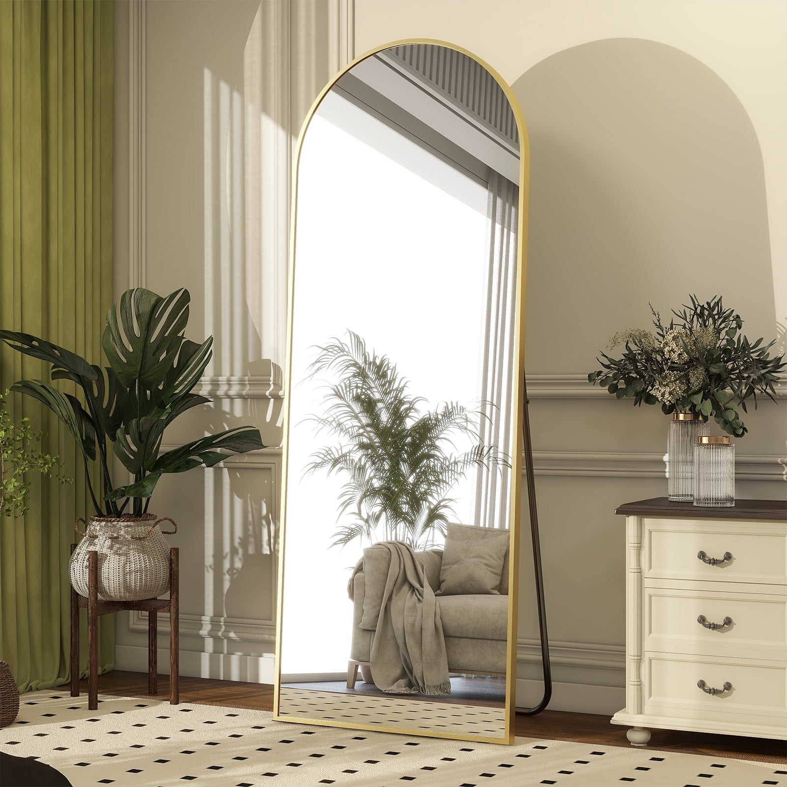 BEAUTYPEAK Arched Full Length Floor Mirror, Shatter-Proof Standing Body Mirror (Gold, 64 in x 21 in) jdpth