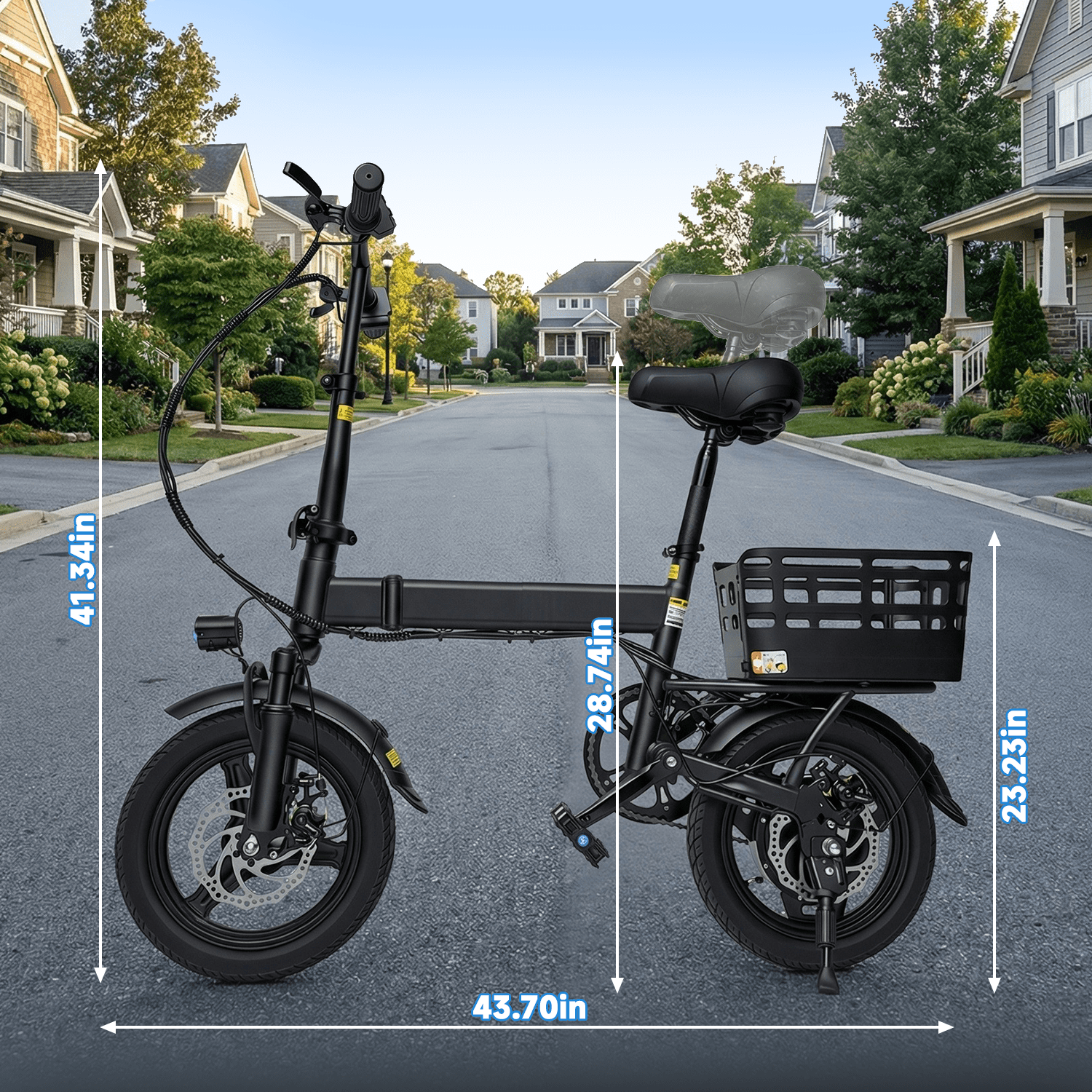 XLNEFNZ Folding Electric Bike, 500W Motor 20MPH E-Bike with Rear Basket and Dual Suspension (14 in Wheel, Black) zshoj