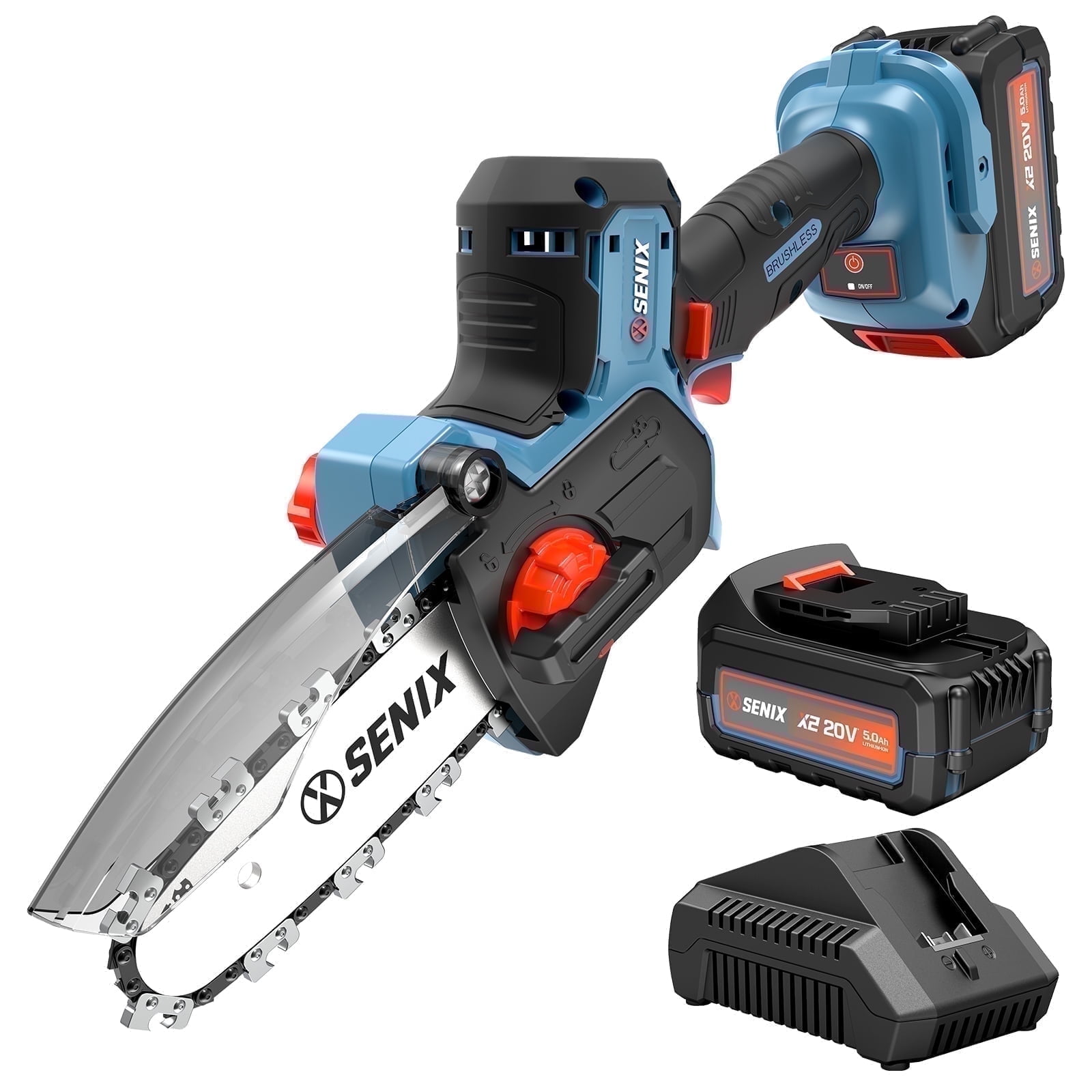 Senix 20V Cordless Mini Chainsaw, High-Efficiency Brushless Motor with 5Ah Battery and Charger (Blue, 5 in) qo9ur