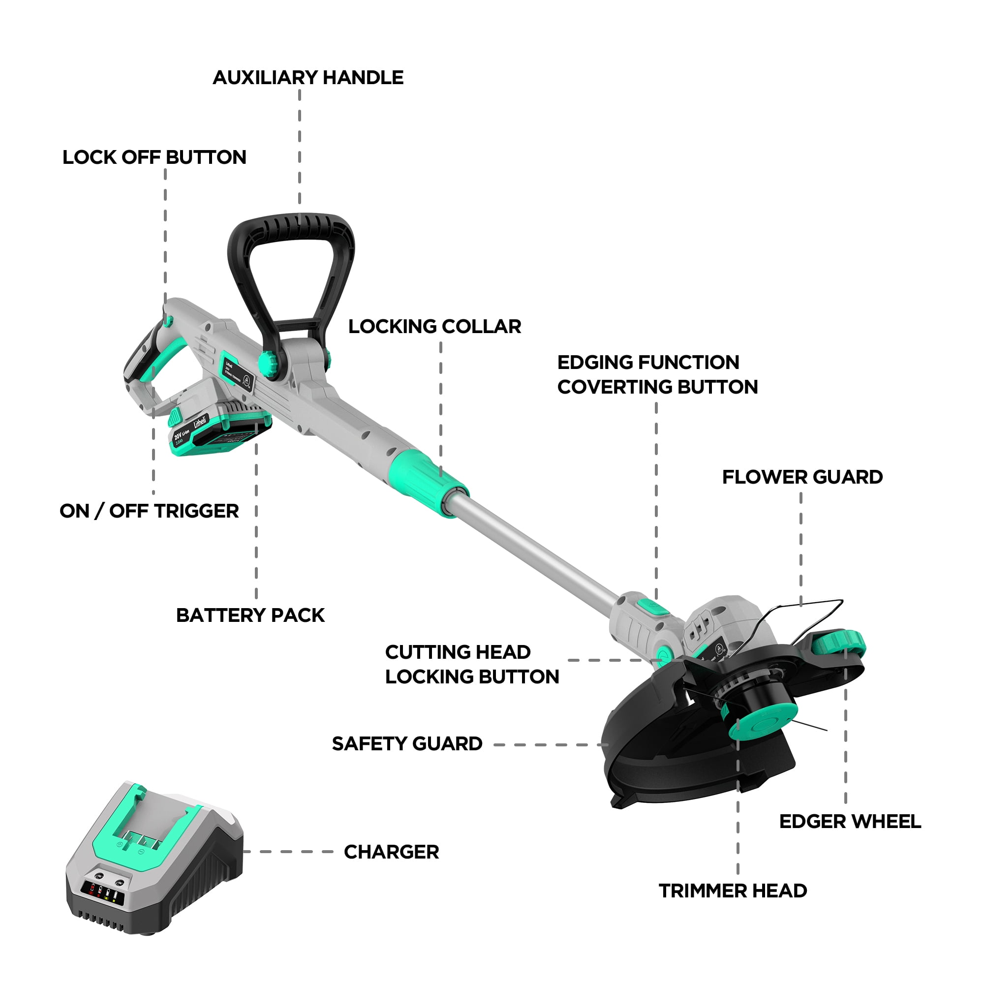Litheli 20V 12 in Cordless String Trimmer and Wheeled Edger (2.0Ah Battery and Charger Included) qy2d7