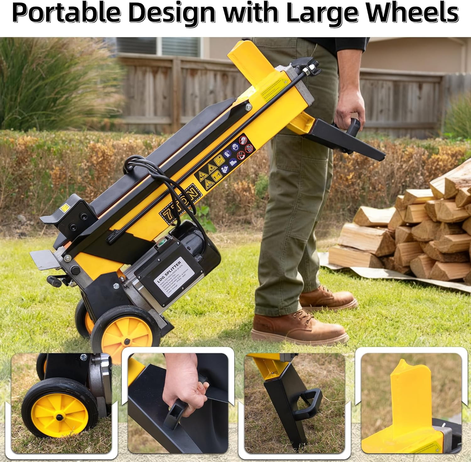 PPOLB 7-Ton Portable Electric Log Splitter, Heavy-Duty Hydraulic Firewood Machine (Yellow, 21.2 in) bihka