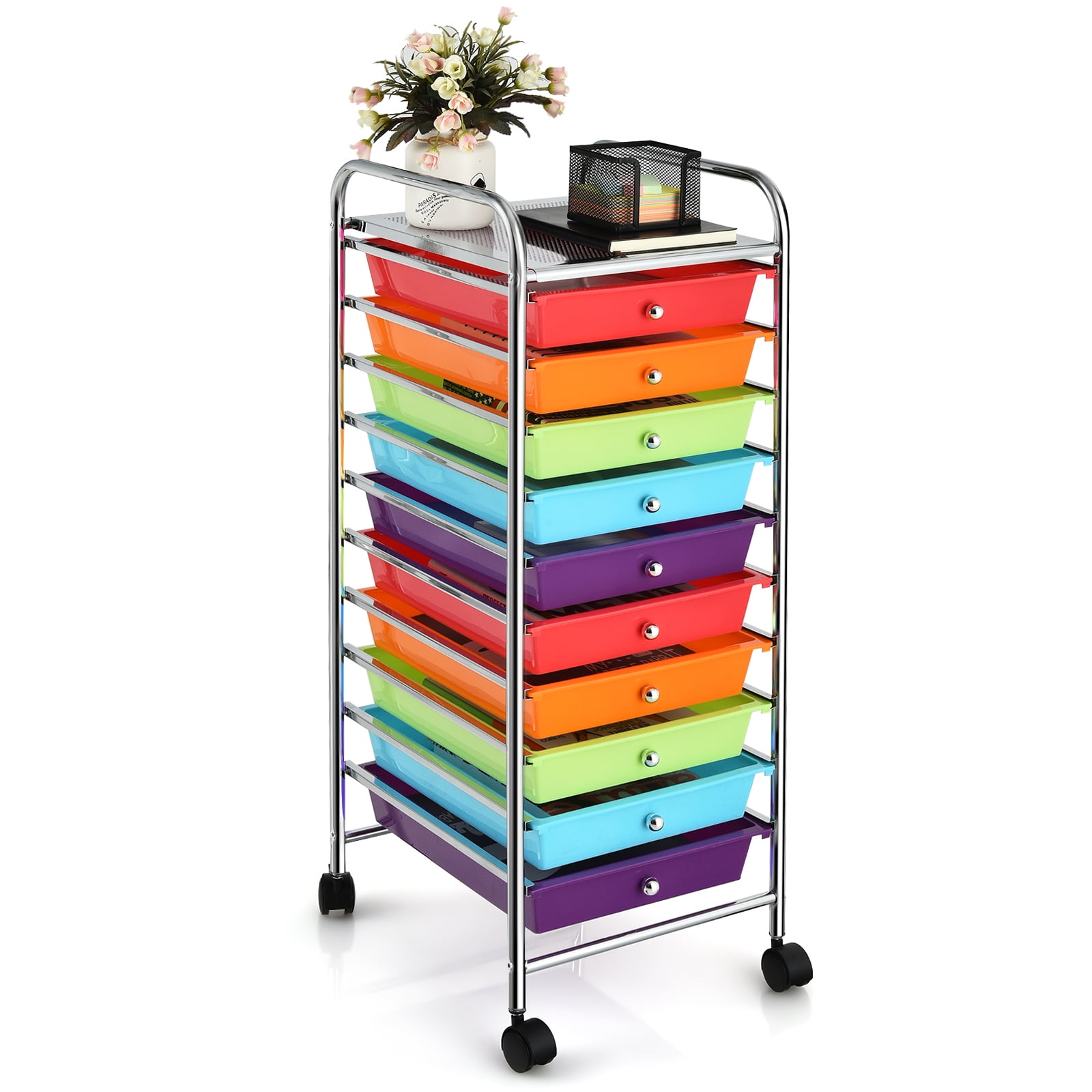 Costway Rolling Storage Cart with 10 Drawers, Mobile Organizer for Office and School (Multicolor, 38 in x 15 in x 13 in) 2wfoq