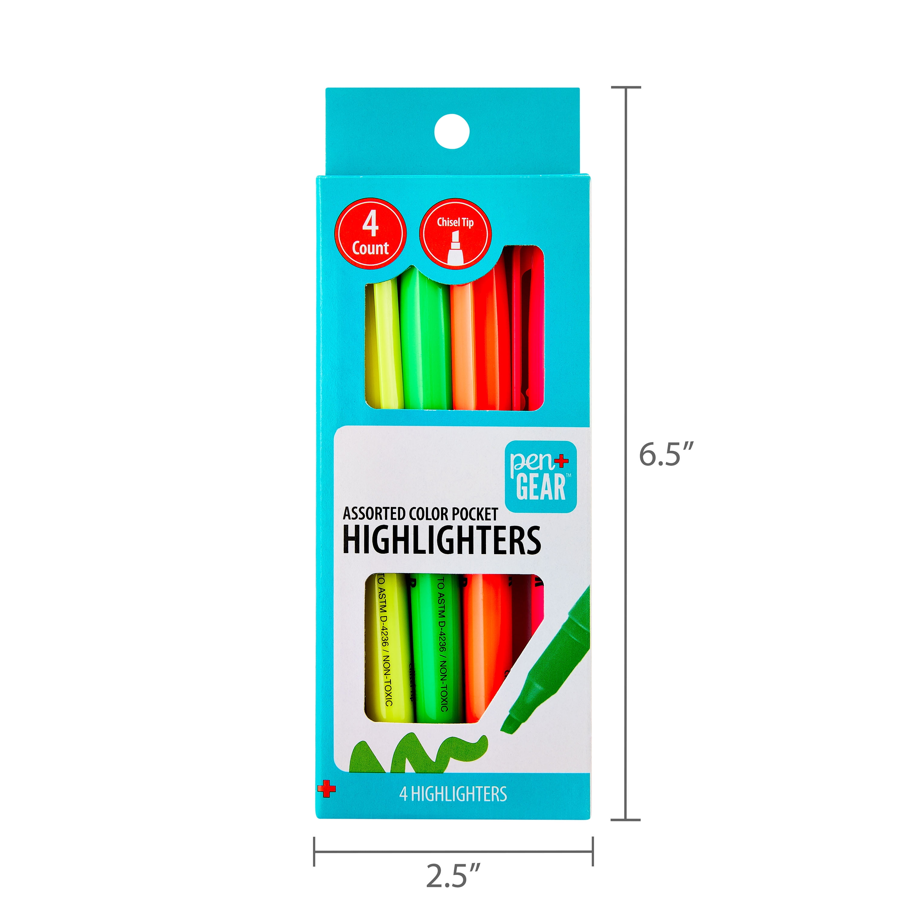 Pen+Gear Chisel Tip Pocket Highlighters, Quick-Drying Fluorescent Ink (Assorted Colors, 4 Count) xmo45