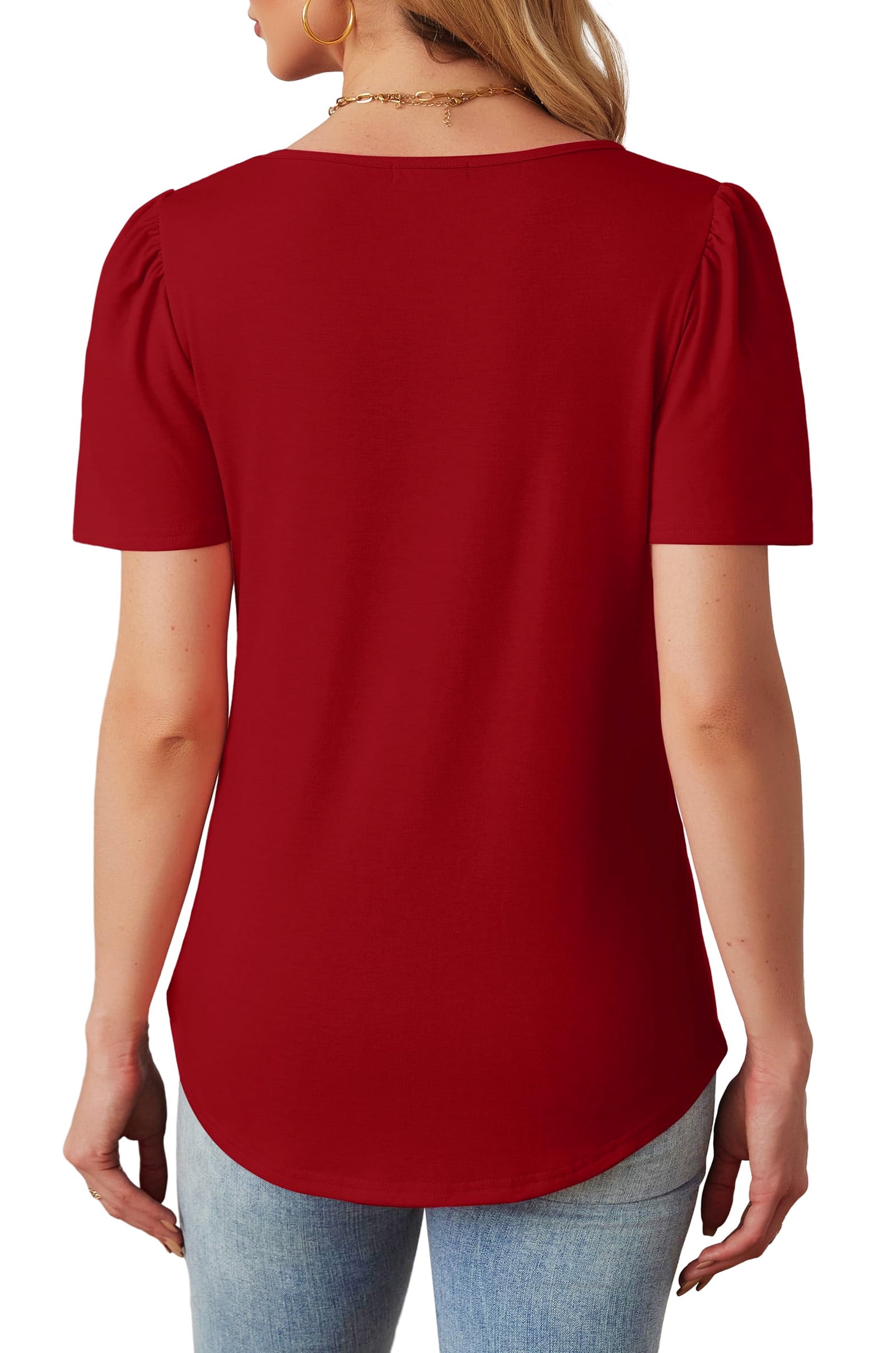 Fantaslook Women's Dressy Casual Tunic Top Short Sleeve Pleated Crew Neck Shirt (Red, L) dv9ty