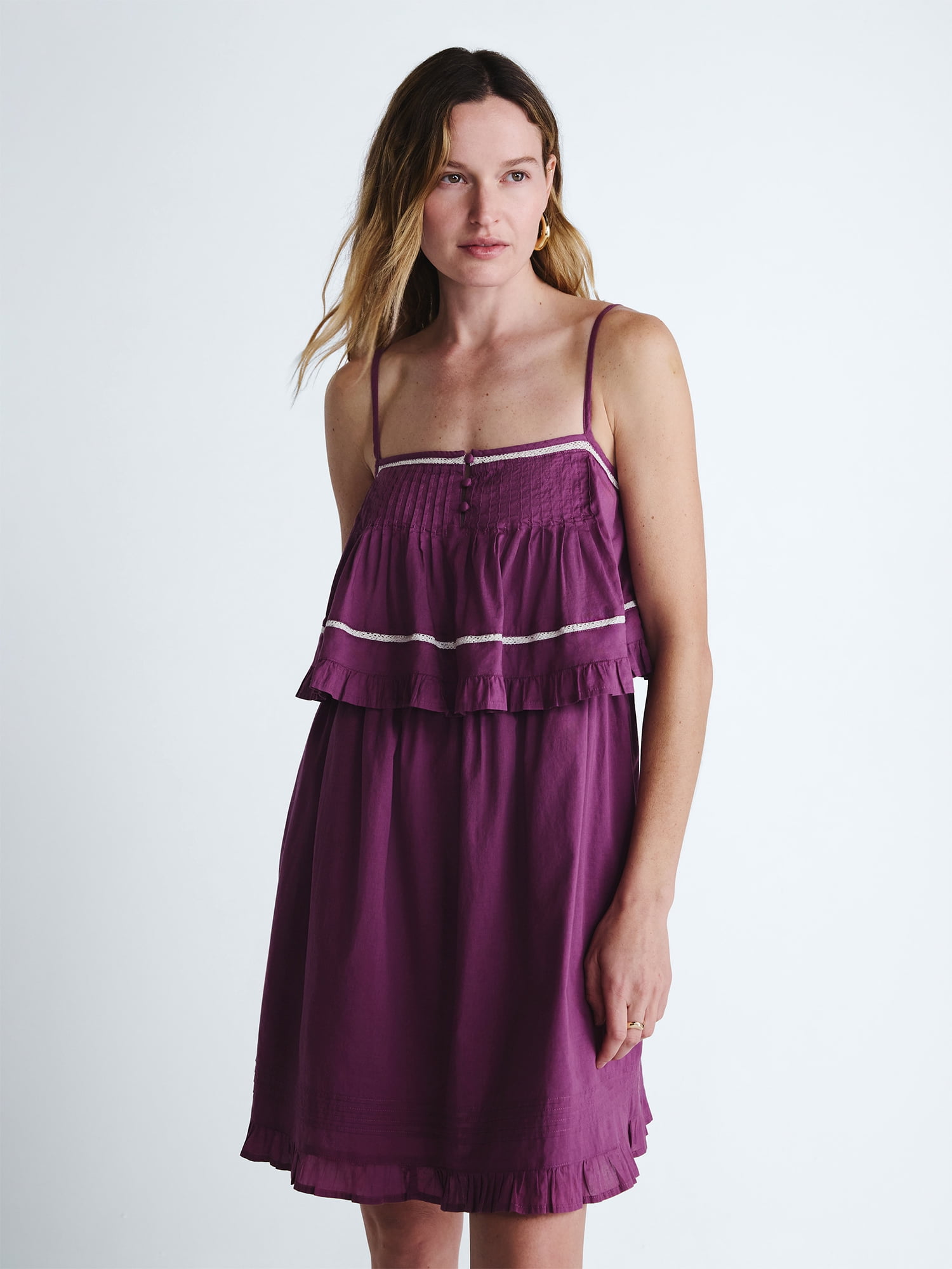 Scoop Women’s Flowy Cotton Mini Dress with Lace Trim (S) clwxt