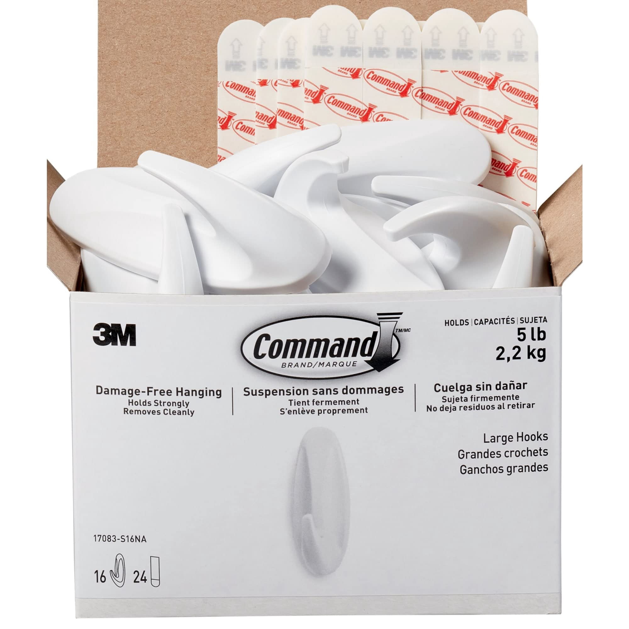 Command Large Wall Hooks, Damage-Free Adhesive Hanging Organizer for Home and Office (White, 16 Hooks with 24 Strips) 3ihr0