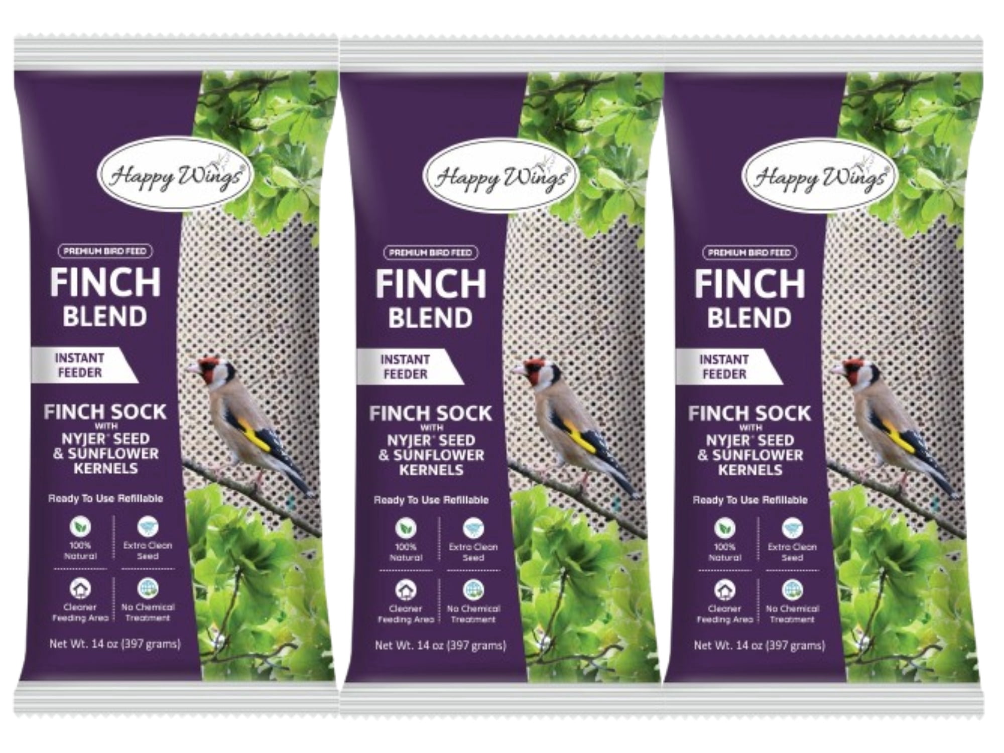 Happy Wings Finch Blend Wild Bird Food, Sunflower Hearts and Nyjer Seed Mix (3 Pack, 14 oz each) 8cu6p