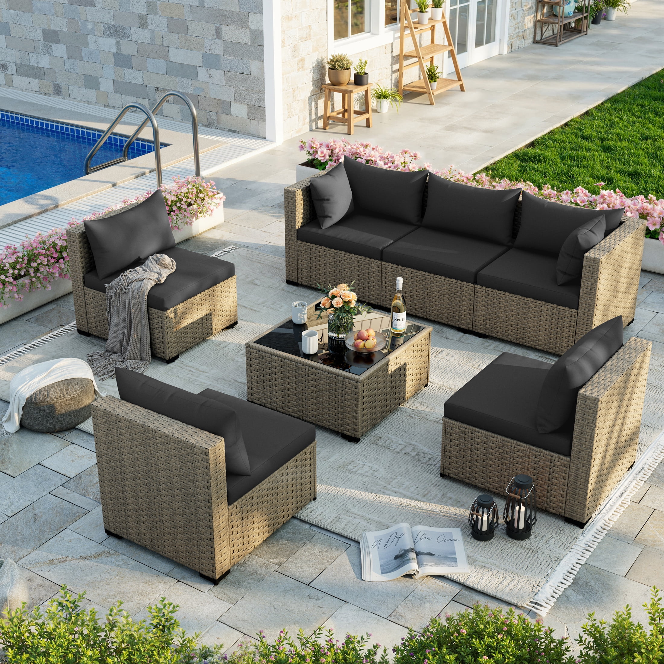 POTEBAN 7-Piece Outdoor Sectional Wicker Patio Conversation Set (Black Cushions, Gray Rattan) 32r6m