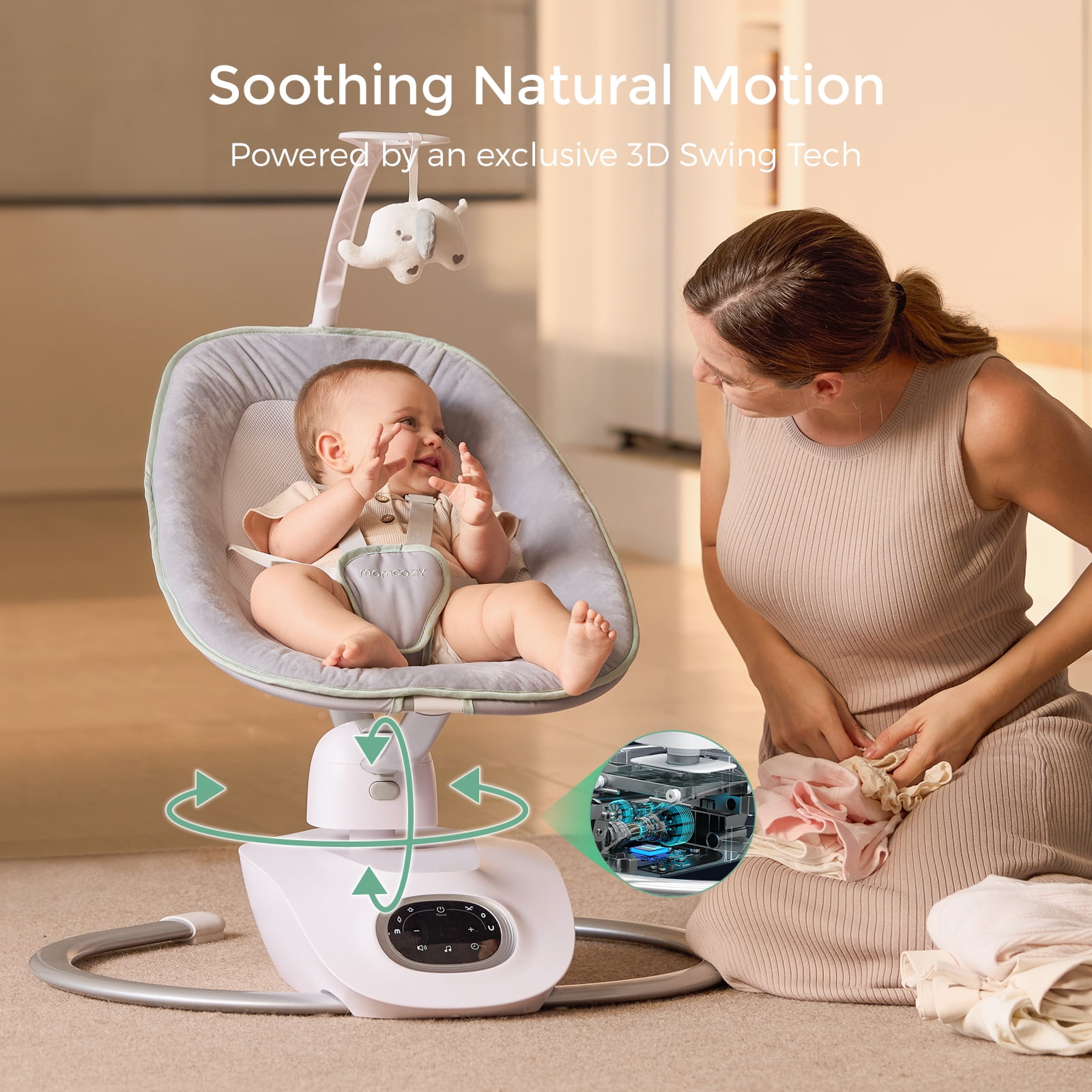 Momcozy CocoSway 3D-Motion Baby Swing, Soothing Infant Rocker with 6 Motion Modes and 4 Speeds (White) 205x2