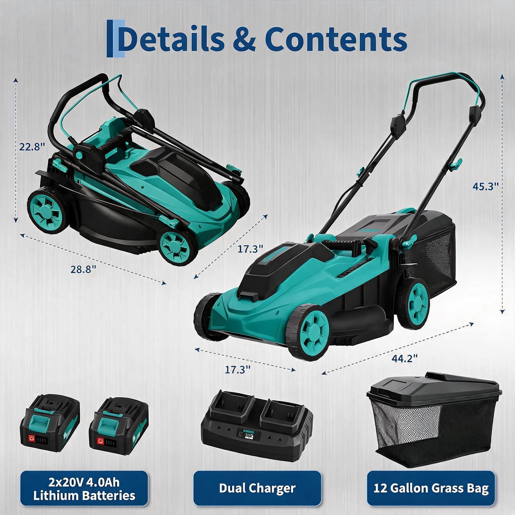MemoryField 17 in Cordless Lawn Mower, Brushless Motor, 2-in-1 Mulching and Bagging Push Mower (Blue, 17 in) 1w2gs