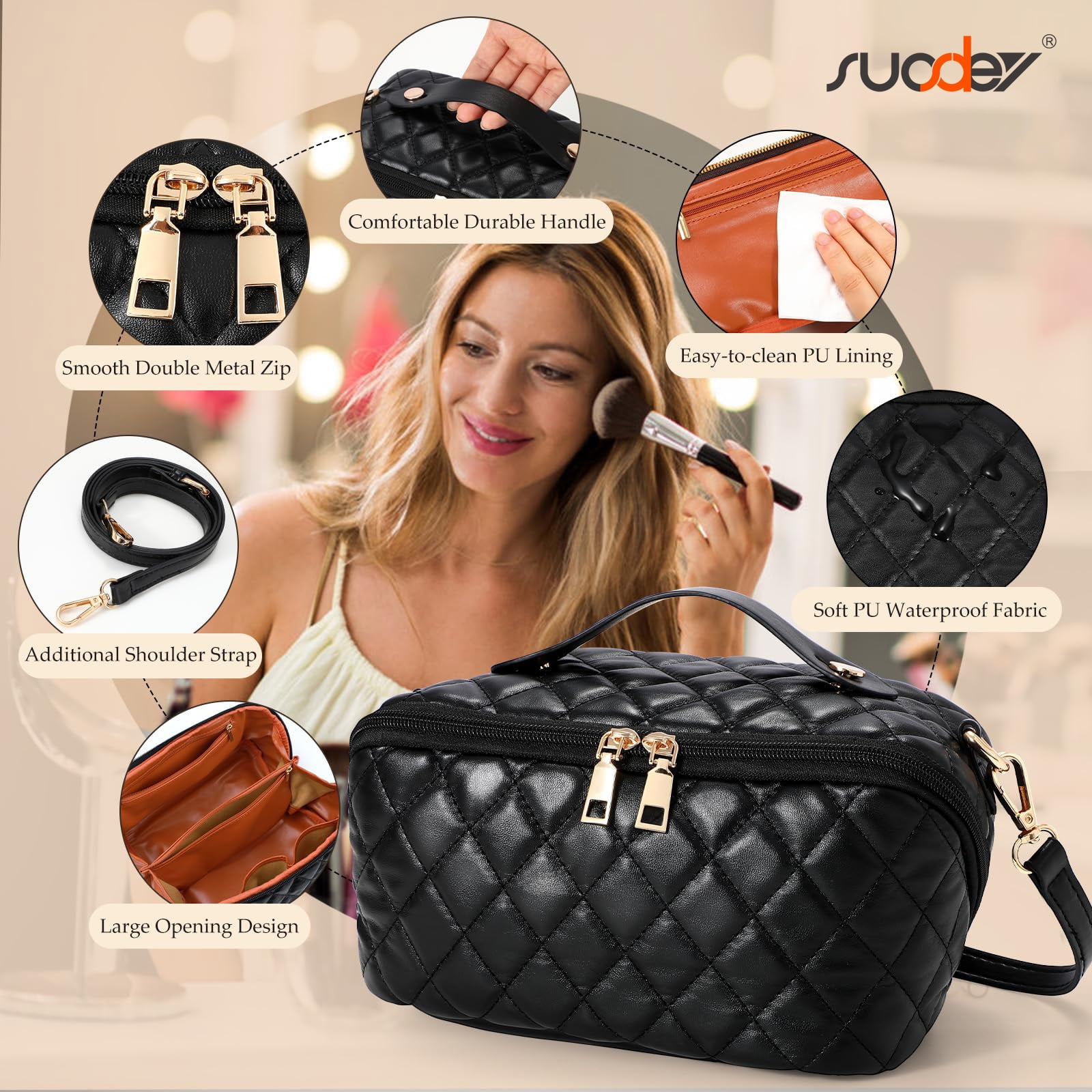 SUOSDEY 2-in-1 Crossbody Makeup Bag, Large Capacity Waterproof Leather Cosmetic Organizer (Black, 10 in x 7 in x 4 in) oj6sl