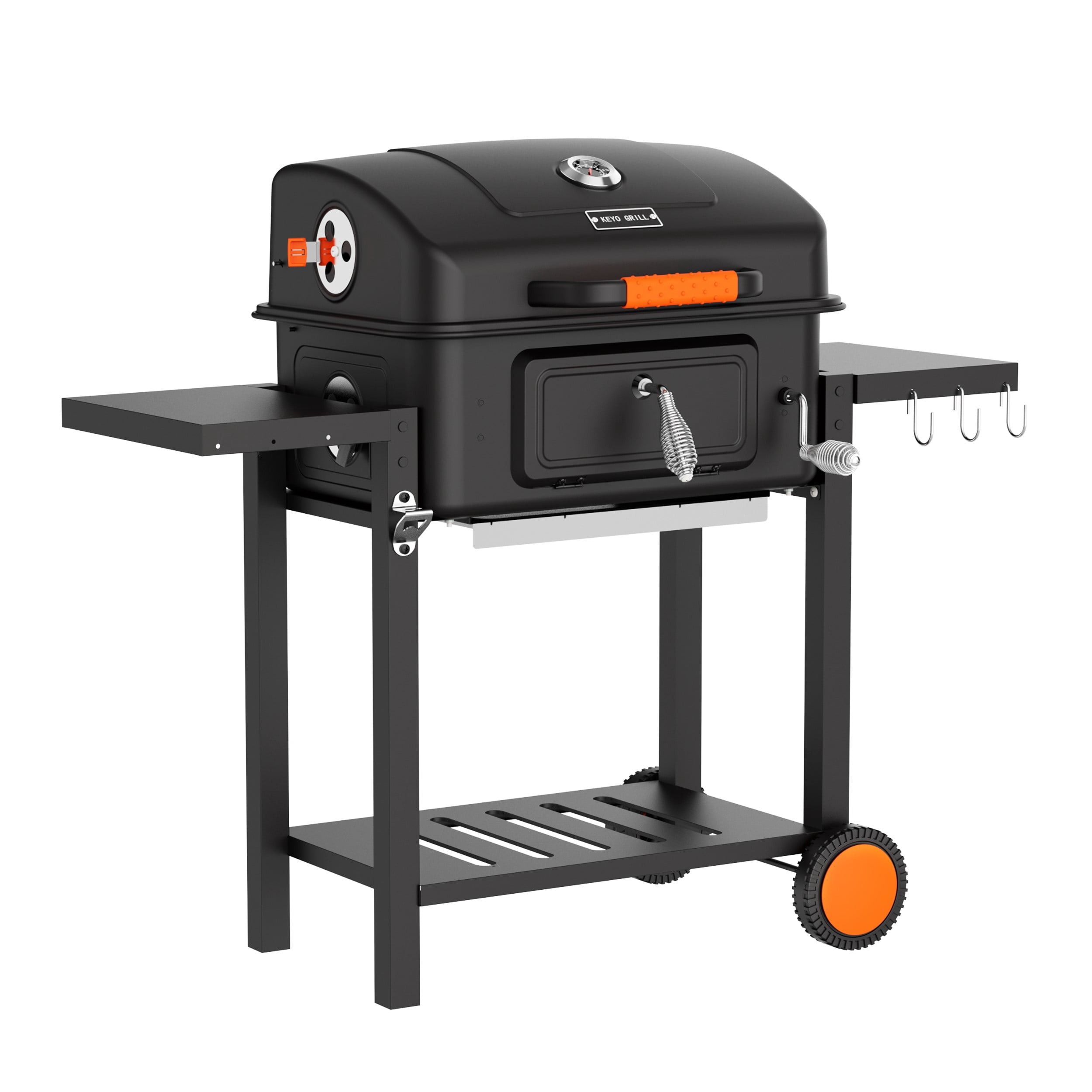 KEYO GRILL Large Charcoal Grill with Foldable Side Tables and Height-Adjustable Ash Pan (Black, 44.5 in x 36 in x 22 in) 4njvm