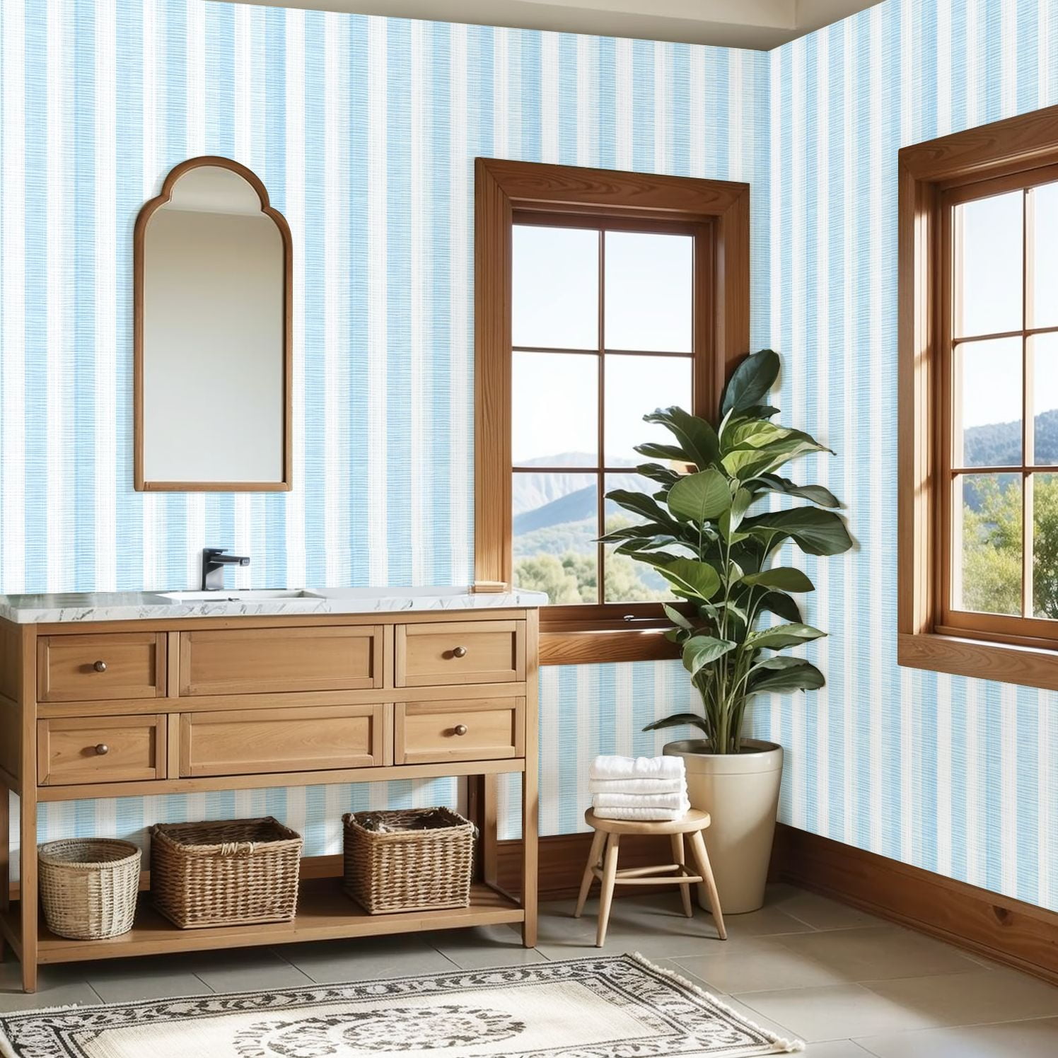 Kanworse Peel and Stick Wallpaper Vertical Stripe Self-Adhesive Vinyl Contact Paper for Home Decor (Light Blue and White, 23.6 in x 9.8 ft) blk21