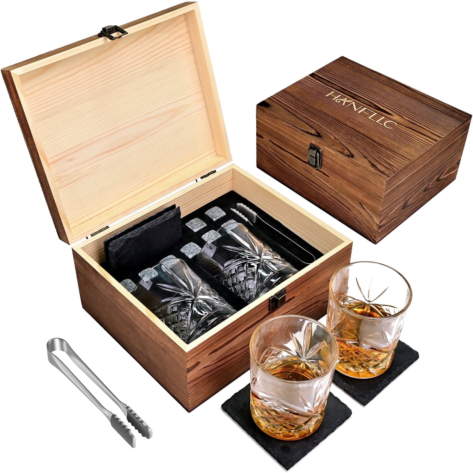 TINANA Whiskey Glass Set with Granite Chilling Stones and Wooden Gift Box (Clear, 12.3 fl oz) xbwu6
