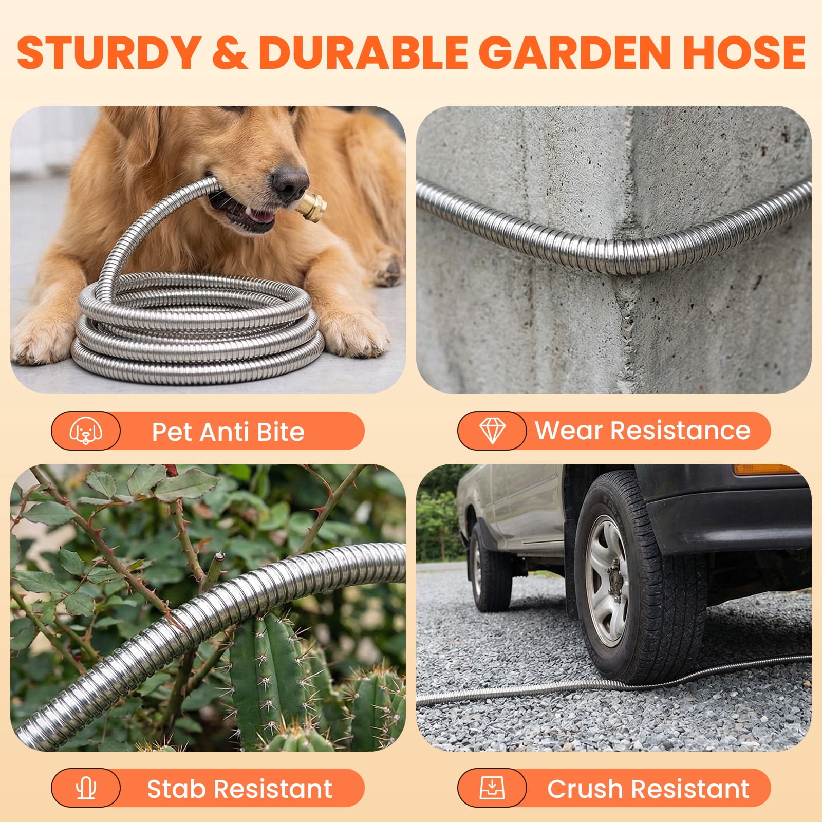 KOYMISKU Stainless Steel Garden Hose with 10-Mode Nozzle Sprayer (Silver, 50 ft) w3kcj