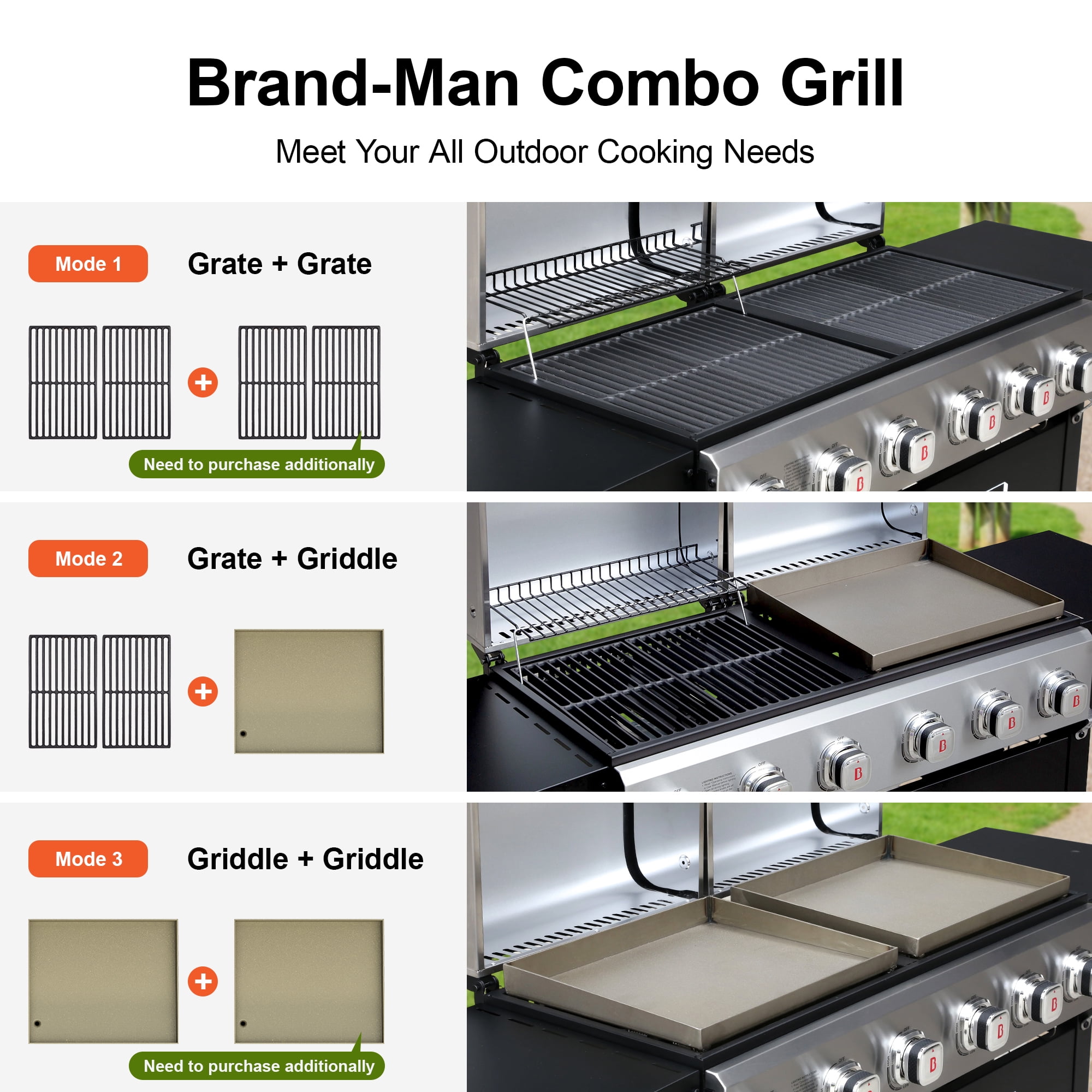 Brand Man 6-Burner Propane Gas Grill and Flat Top Griddle Combo with Stainless Steel Lids (Silver, 60,000 BTU) nh1hn