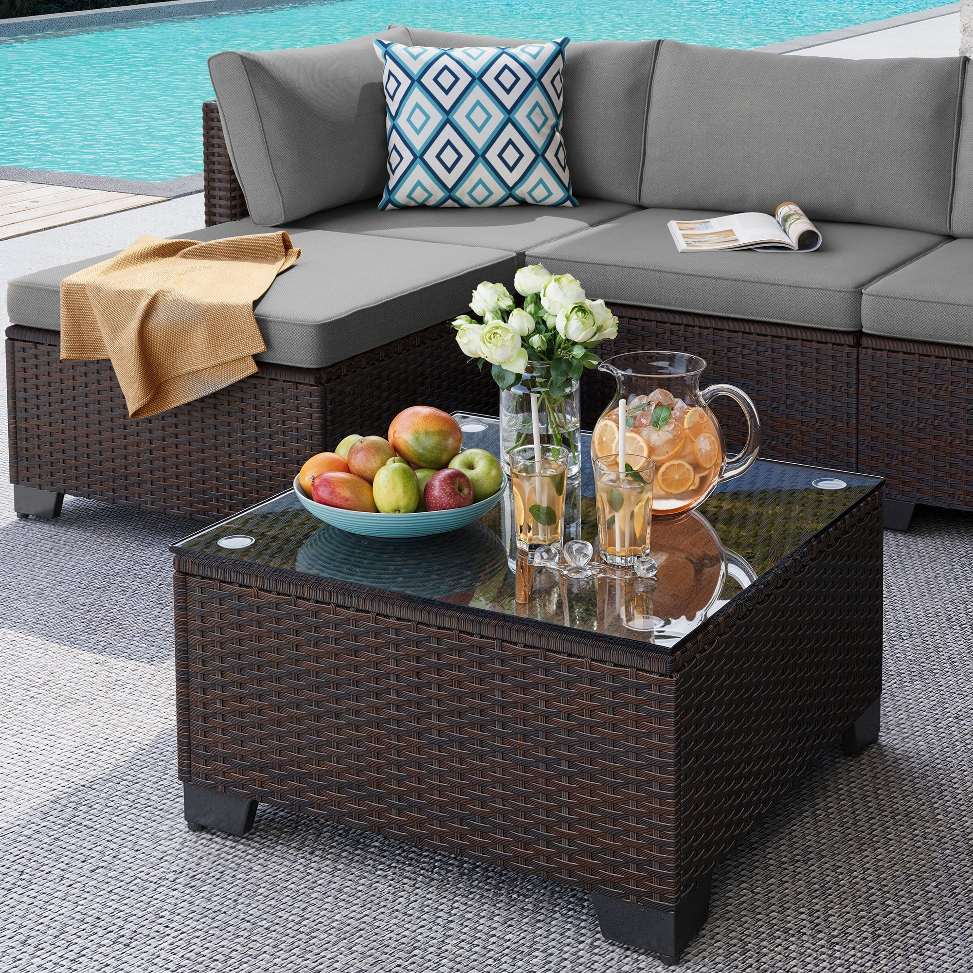 Aiho 7-Piece Patio Furniture Set, PE Rattan Outdoor Sectional Sofa with Cushions and Glass Coffee Table (Gray, 7-Piece) xw0wf