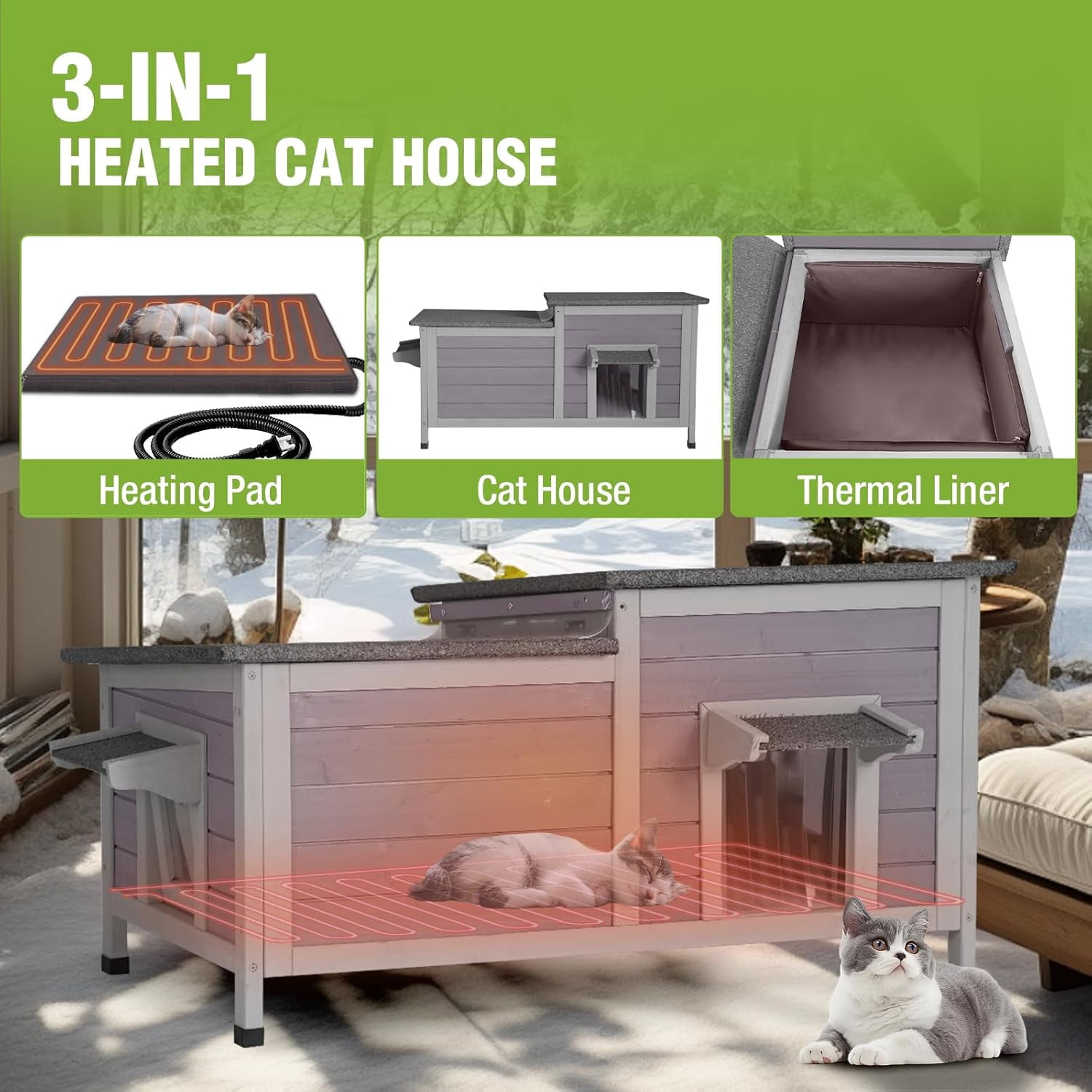 Aivituvin Heated Outdoor Cat House, Weatherproof Insulated Shelter for Feral Cats (Grey, Large) 5ypby