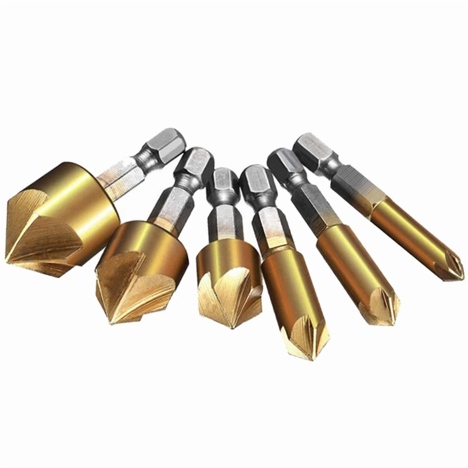 KLYNE 6-Piece Countersink Drill Bit Set, 5-Flute 90-Degree Chamfer Cutter for Wood and Metal (6mm to 19mm) rr9jv