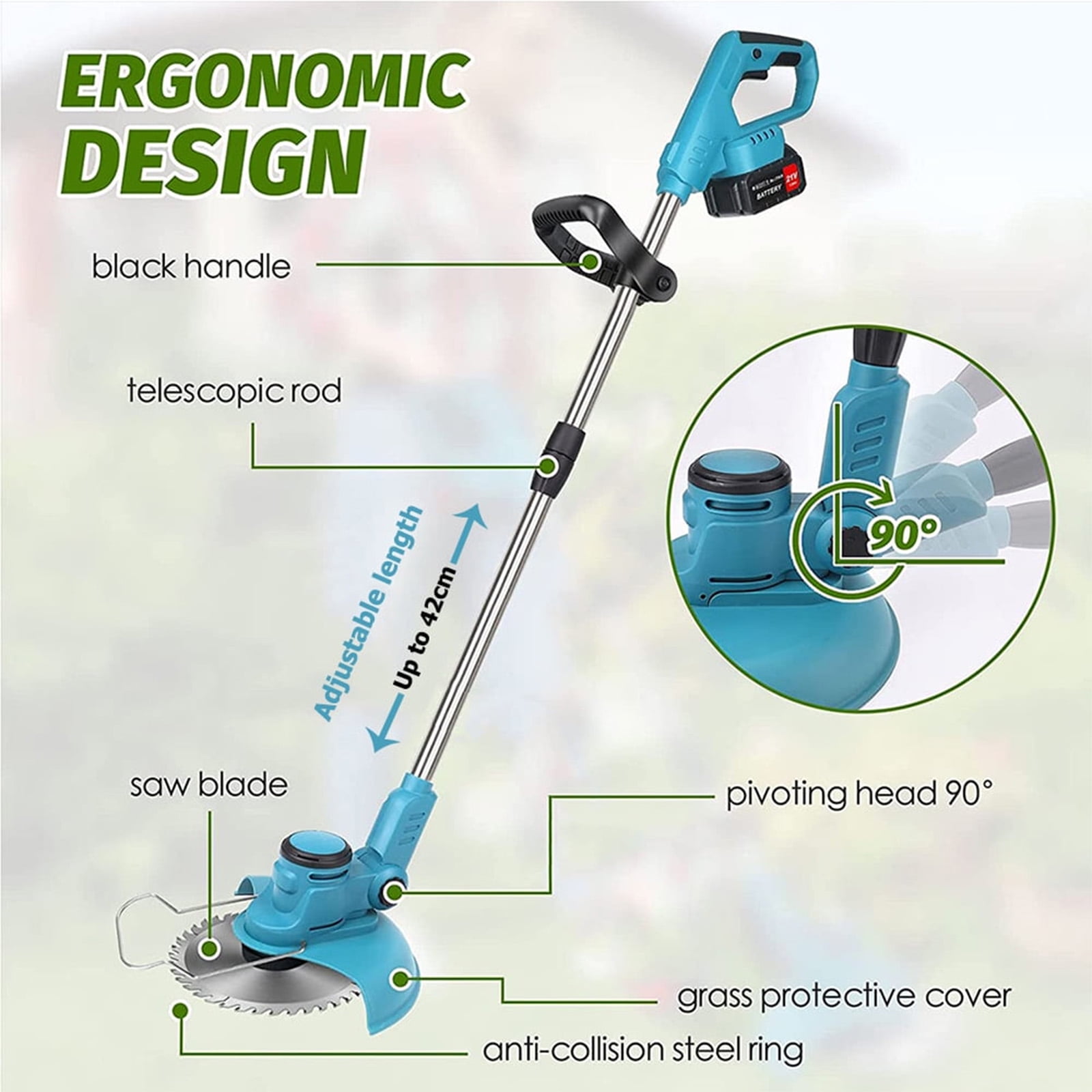 Susuzi 21V Cordless String Trimmer, Extendable Weed Wacker with 3-in-1 Cutting Blades (Blue, 1 Unit) dykw0