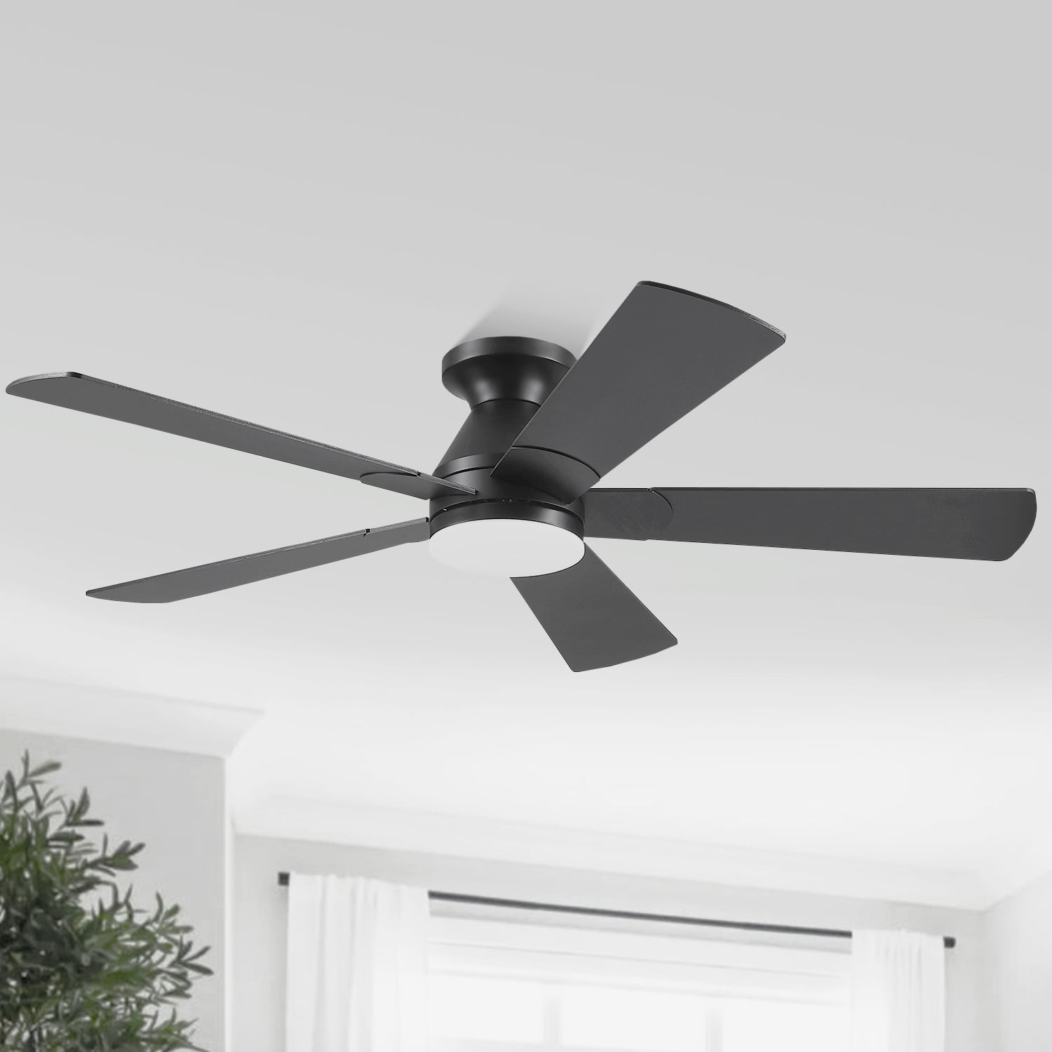 Phorus 52in Flush Mount Ceiling Fan with Dimmable LED Lights and Remote Control (Black, 52 in) 56ws9