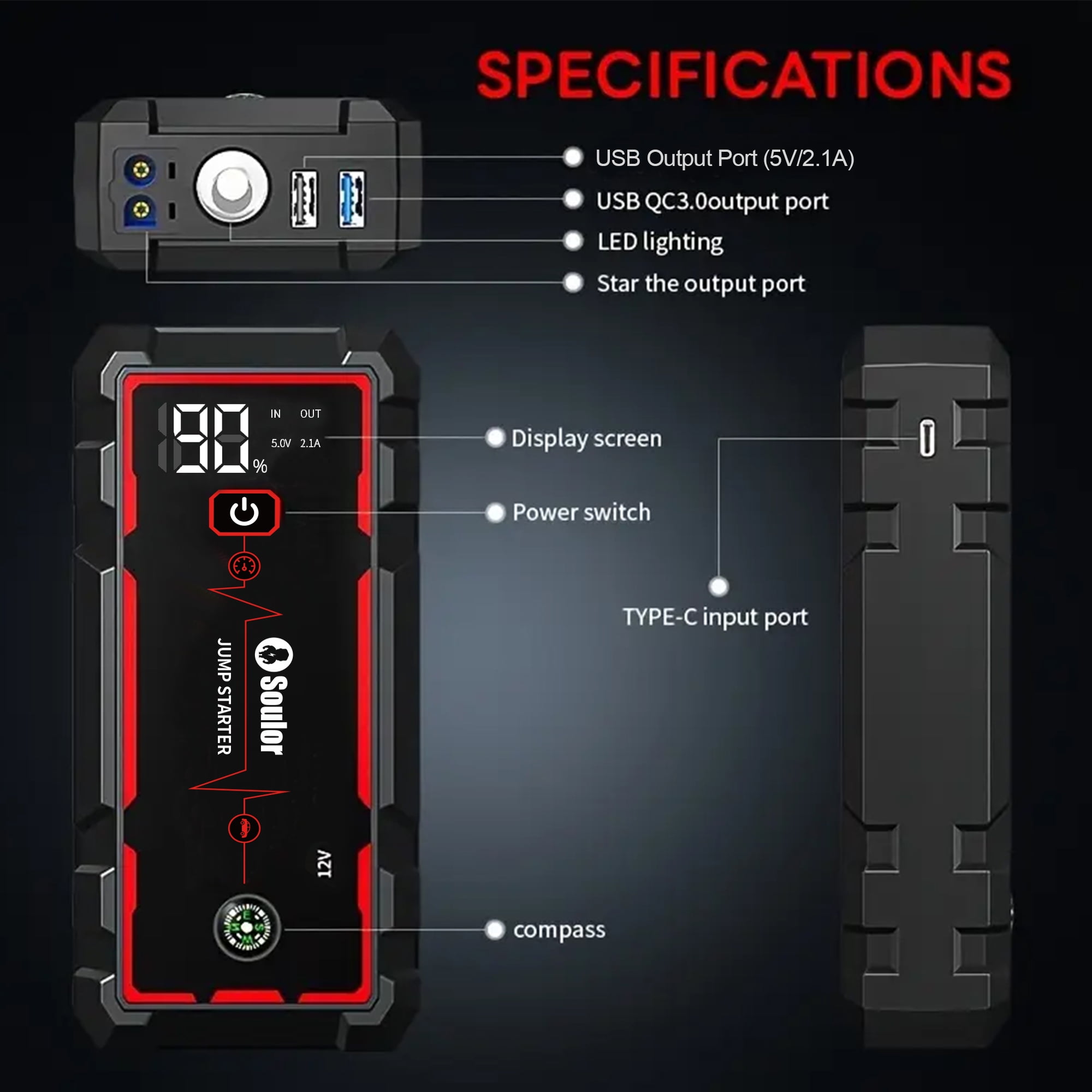 Soulor 3000A Portable Car Battery Jump Starter with Dual USB Power Bank (Black, 12V) hf722