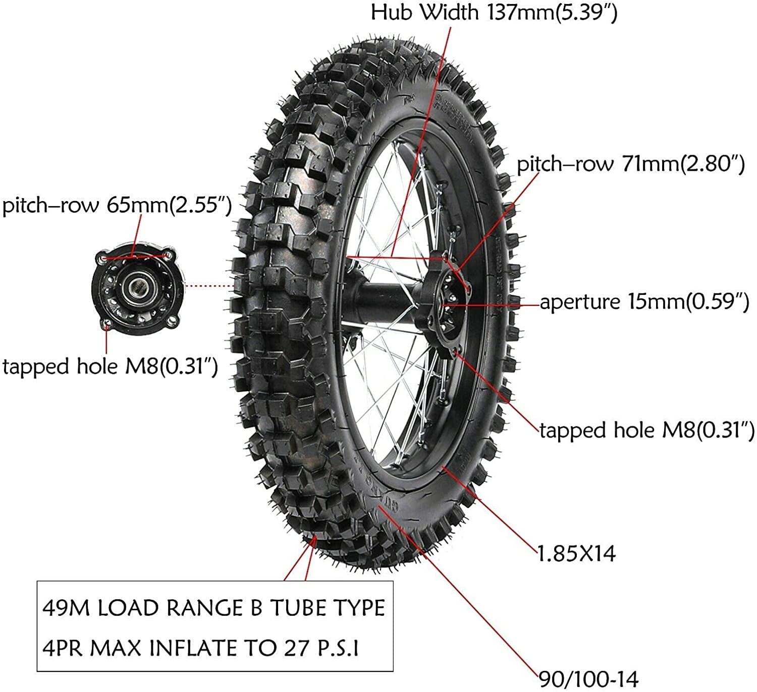 Anqidi 14 in Rear Wheel Assembly with 90/100-14 Tire and 15mm Bearing for Pit Bike Dirt Bike (Black, 14 in) ozoko