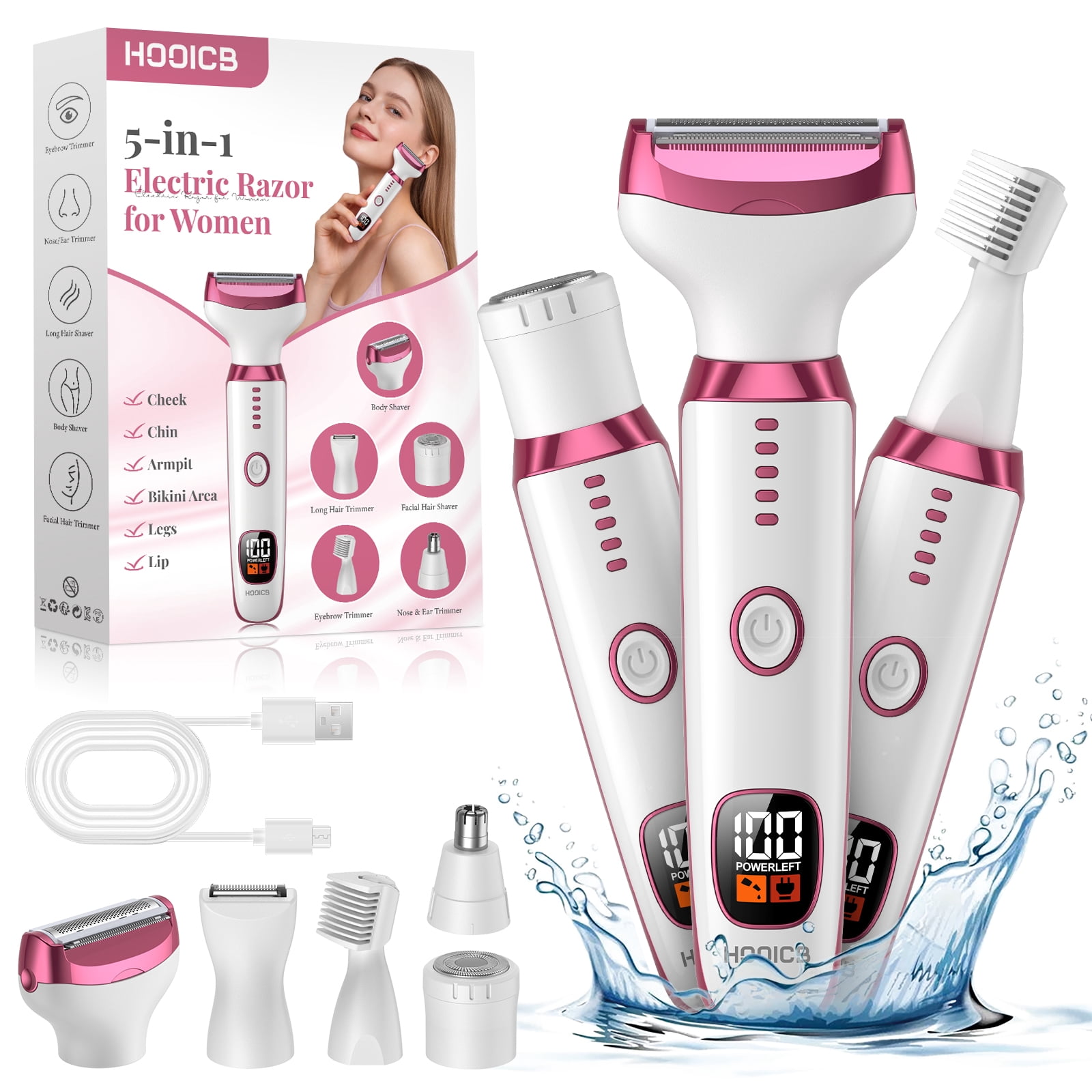 HOOICB Electric Razor for Women, 5-in-1 Rechargeable Cordless Bikini Trimmer and Hair Removal Set (Pink) 629pr