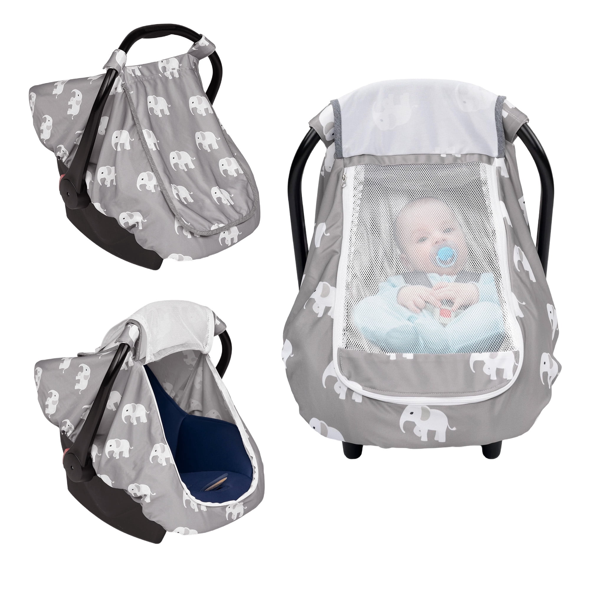 Beavtaens Stretchy Infant Car Seat Canopy with Breathable Peep Window (Elephants, Universal Fit) 23mzk