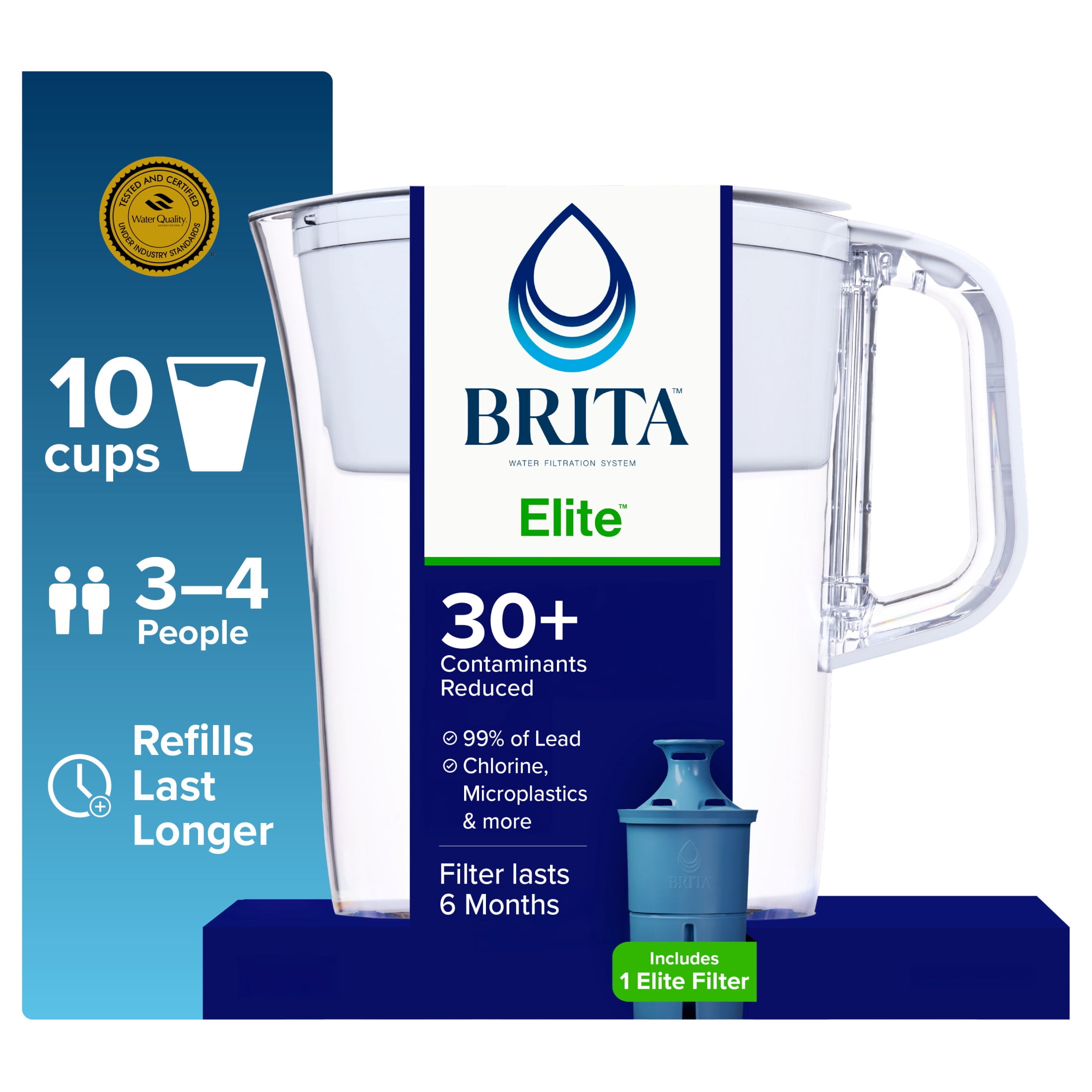 Brita Elite Water Filtration Pitcher, BPA-Free Plastic, Reduces Lead and Chlorine (White, 10-Cup) eqw8h