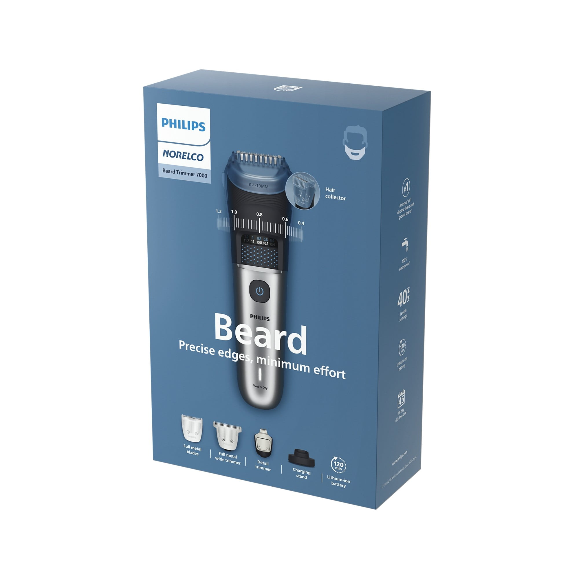 Philips Norelco Beard Trimmer 7000 Series, Waterproof Electric Grooming Kit with 40 Length Settings (Silver) szsn8